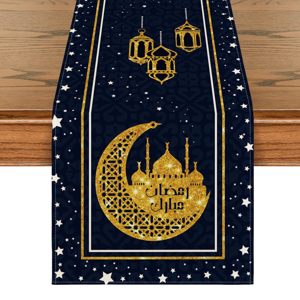 Artoid Mode Black Moon Star Gloden Ramadan Table Runner, Seasonal Summer Holiday Kitchen Dining Table Decoration for Home Party Decor 13 x 72 Inch
