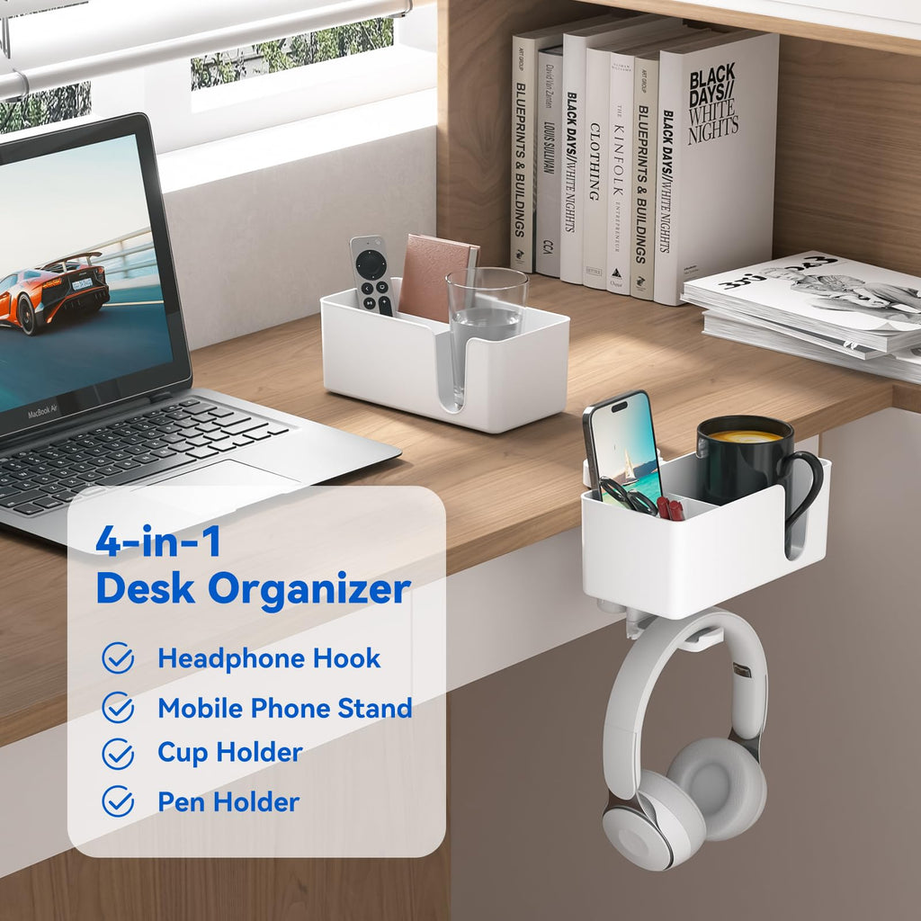 KDD 4 in 1 Desk Cup Holder - Clamp on Under Desk Headphone Hanger - Rotating Headphone Holder Detachable Pen Cup Holder Desktop Storage for Cup, Phone and Pen(Black)