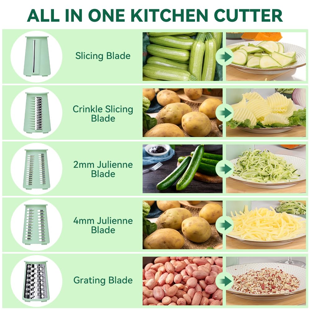 KEOUKE Rotary Cheese Grater 5 in 1 White - Hand Crank Vegetable Cutter, Shredder, Slicer, Enlarge Input, Suction Base, Labor-Saving Handle, Blade Storage Box, for Onion, Potato, Vegetable, Nuts, etc