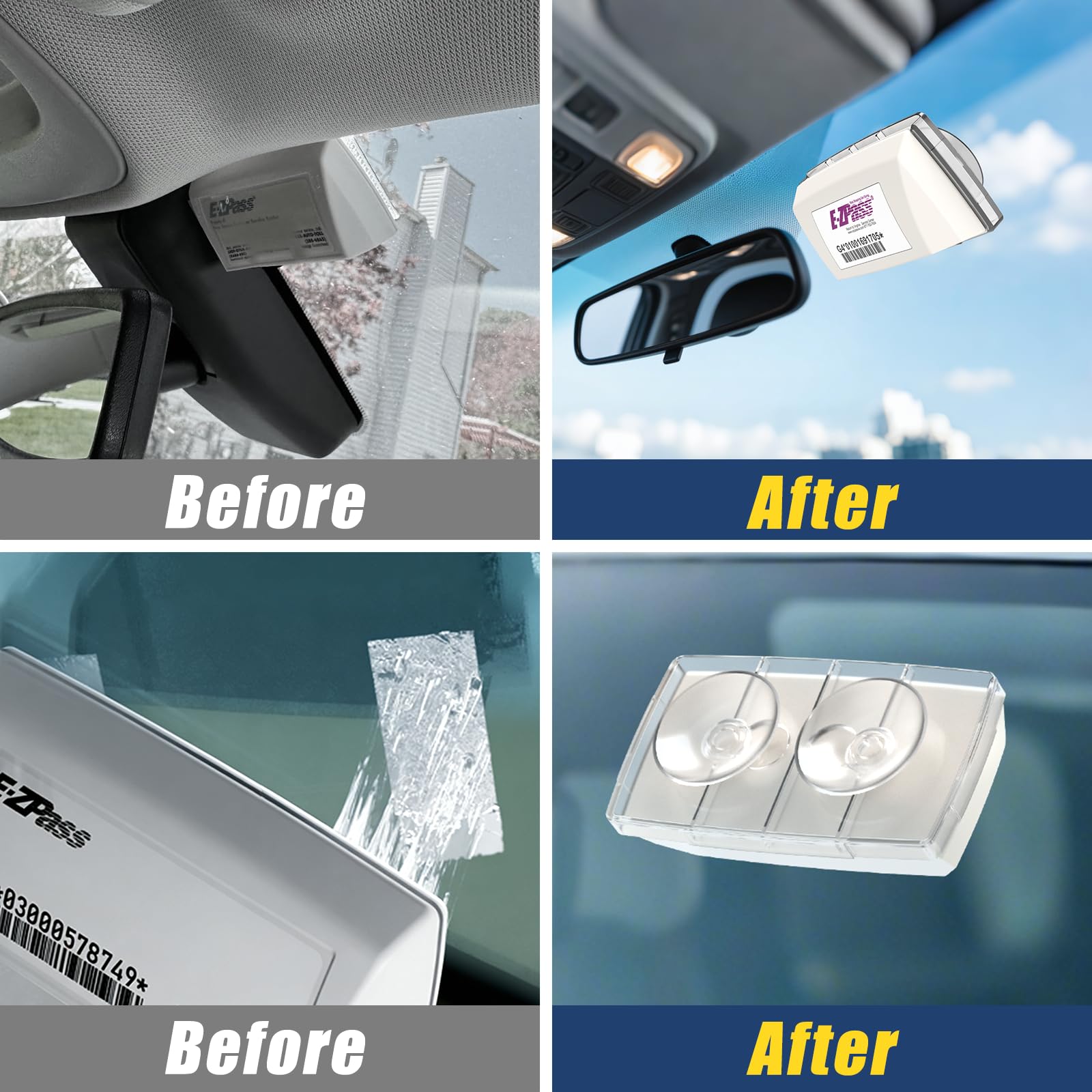 EZ Pass Holder, EZ Pass Holder for Windshield, Transponder Holder for Car with Removable Suction Cups, Toll Pass Holder for EZ Pass Mini/iPass, Install without Peeling off Velcro (Clear, 1Pack)