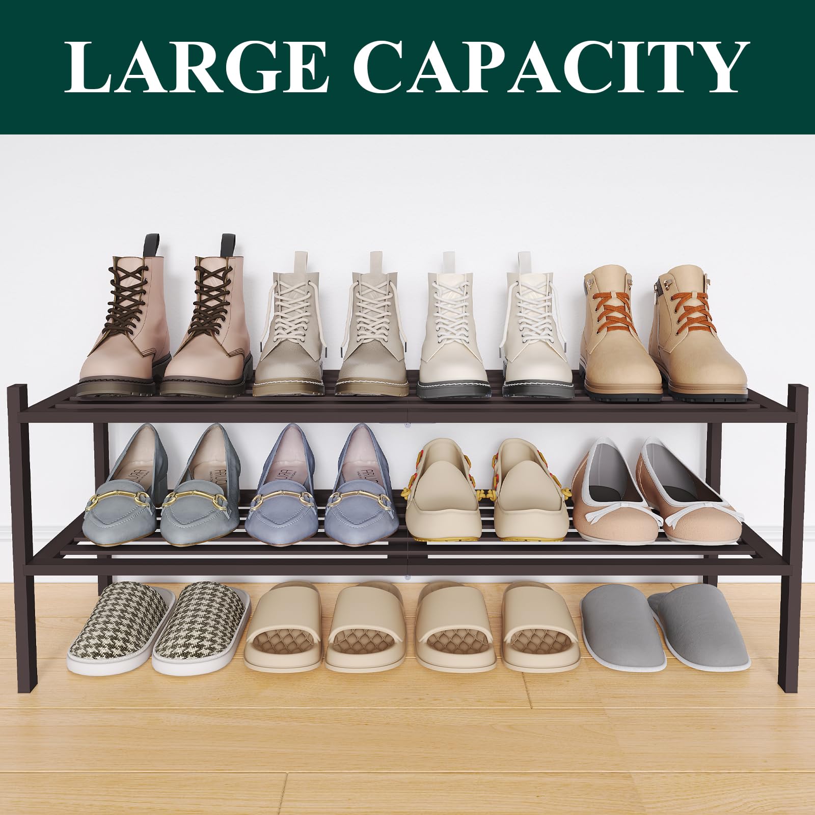 Smiry Bamboo Shoe Rack 3-Tier, Stackable Wooden Shoe Organizer for Entryway & Closet, Free Standing Wood Shoe Storage Shelf for Front Door & Small Spaces, Natural