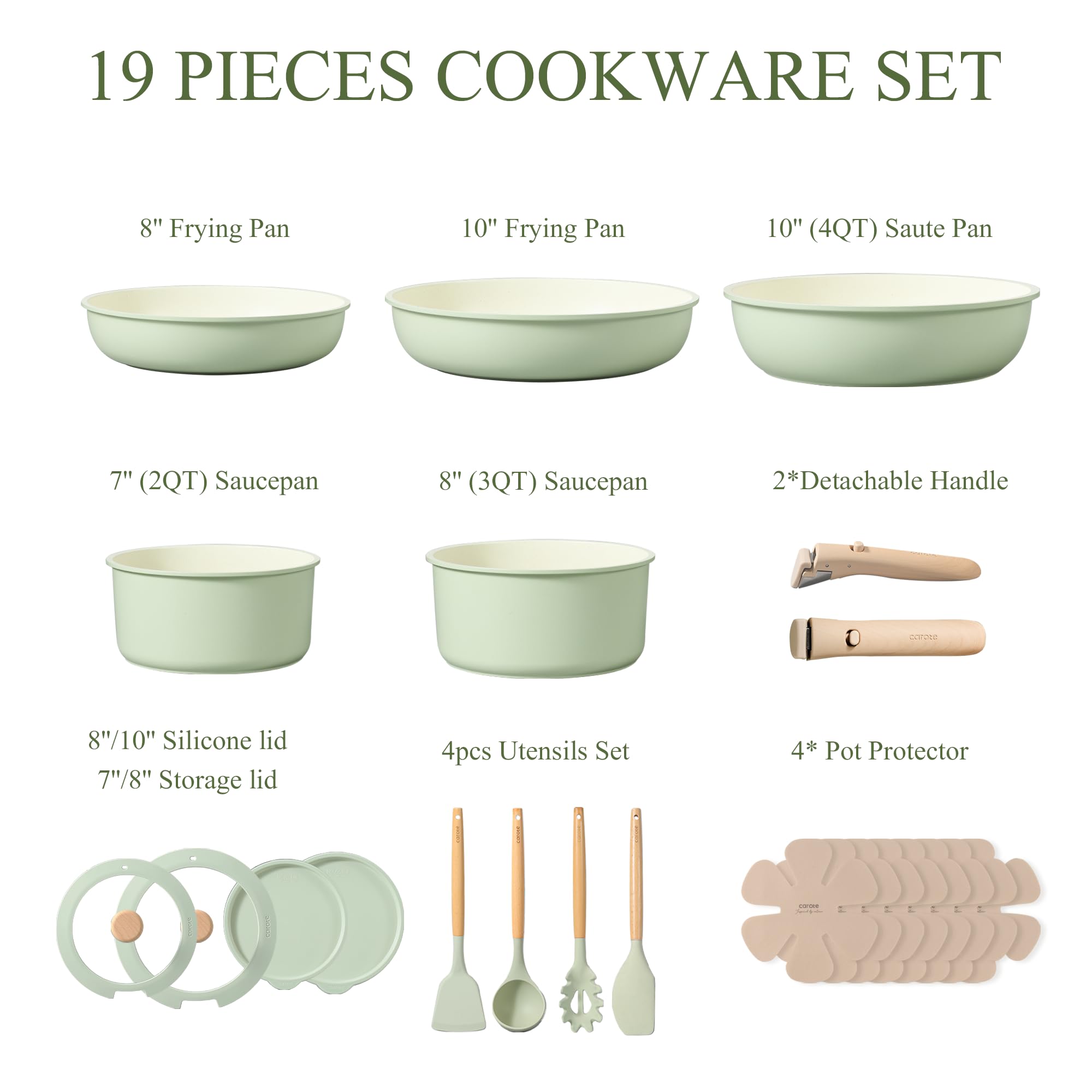 CAROTE Pots and Pans Set, Nonstick Cookware Set Detachable Handle, 19pcs Induction Kitchen Cookware Sets Non Stick with Removable Handle, RV Cookware Set, Oven Safe, Sage Green