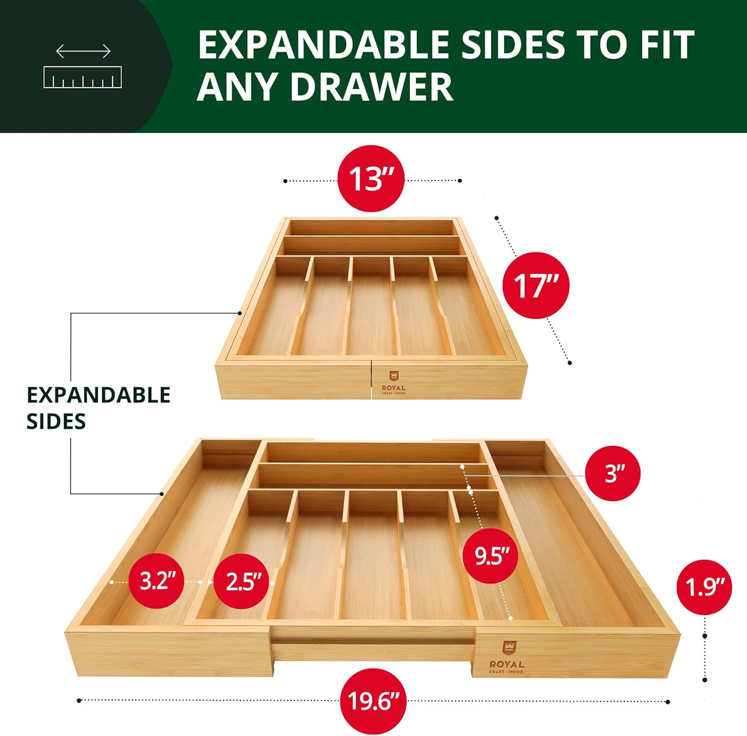 ROYAL CRAFT WOOD Luxury Bamboo Kitchen Drawer Organizer and Storage Box 5pcs Bundle