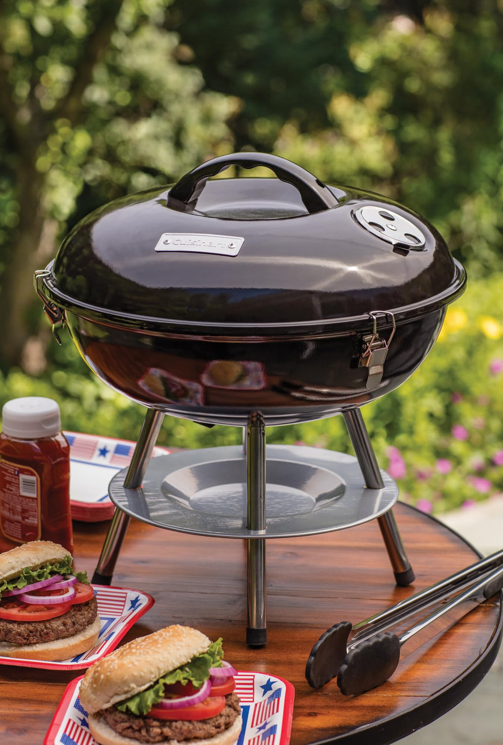 Cuisinart 14" Portable Charcoal Grill, Tabletop Outdoor Small Grill with Locking Lid and Dual Vents, Chrome Plated Travel Size BBQ Perfect for Camping, Tailgates, Cookouts, Red