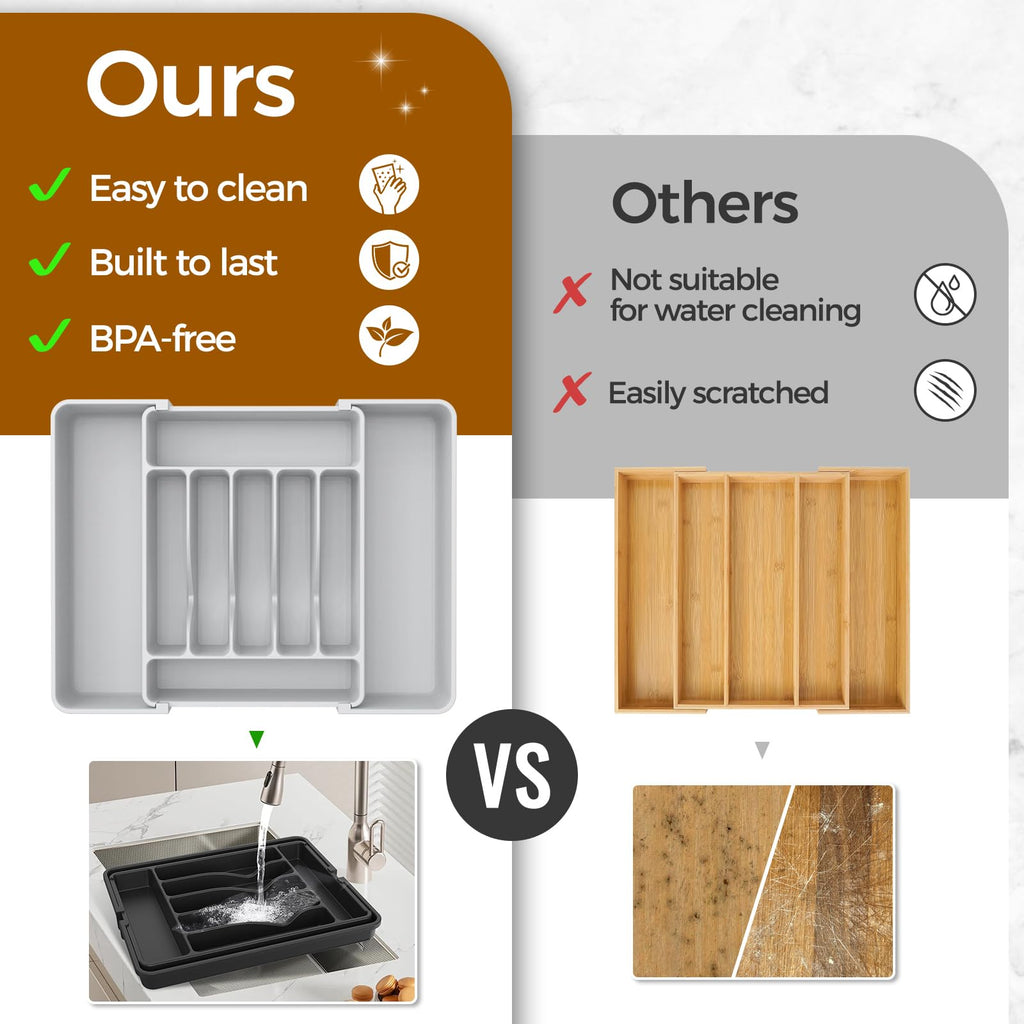 Extra Large Expandable Silverware Organizer, BPA-Free Food-Safe Cutlery Flatware Organizer, Kitchen Utensil Drawer Organizer, Adjustable Silverware Holder for Spoons Forks Knives, Black