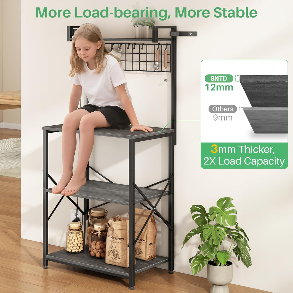 SNTD Bakers Rack with Power Outlet, Kitchen Shelves Microwave Stand with Wire Grid and 10 Hooks, 4 Tiers Coffee Stand (Rustic Brown, 23.5 x 15.6 x 52.8 Inches)