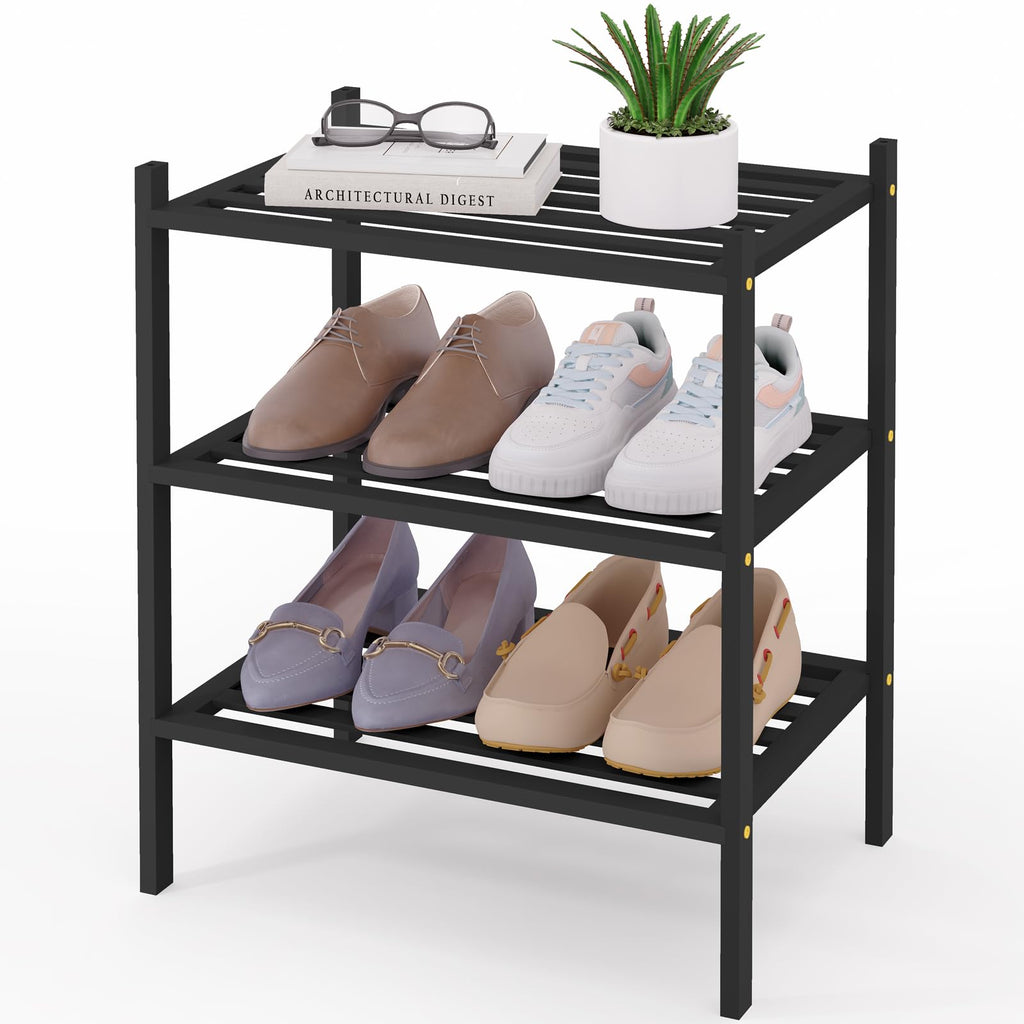 Smiry Bamboo Shoe Rack 3-Tier, Stackable Wooden Shoe Organizer for Entryway & Closet, Free Standing Wood Shoe Storage Shelf for Front Door & Small Spaces, Natural