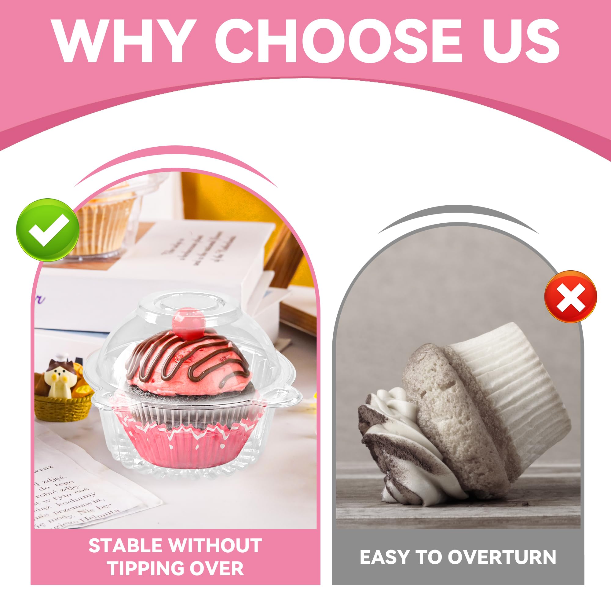 50 Pack Individual Cupcake Containers Plastic Cupcake Holders Deep Dome Muffin Containers