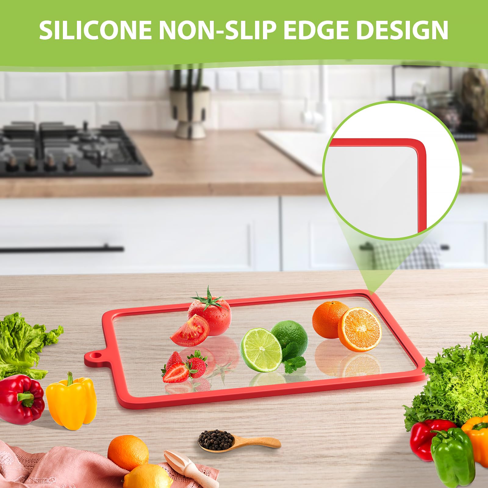 Freshmage 2Pcs Tempered Glass Cutting Boards for Kitchen, Glass Cutting Board Set (15"x10" & 12"x8") with Non-Slip Silicone Edges and Hanging Hole, Clear Cutting Board for Countertop & Chopping