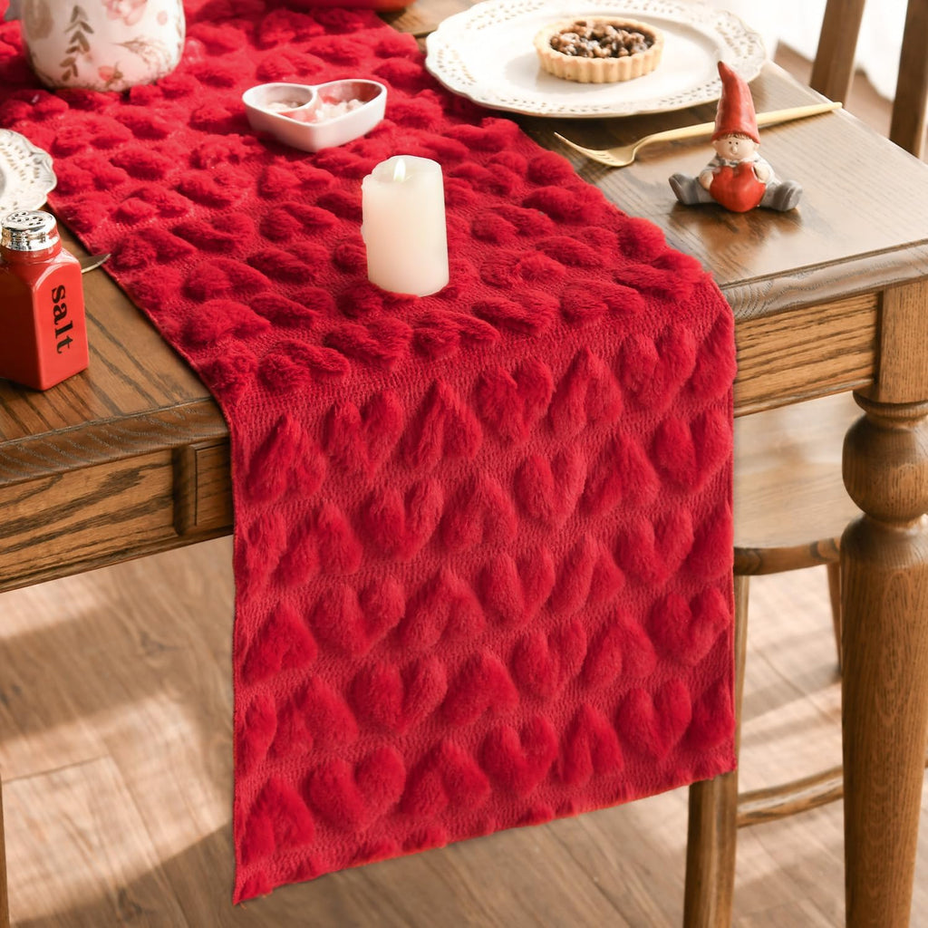 Artoid Mode Red Soft Plush Faux Fur Jacquard Heart Valentine's Day Table Runner, Seasonal Kitchen Dining Table Decoration for Home Party Decor 13x72 Inch