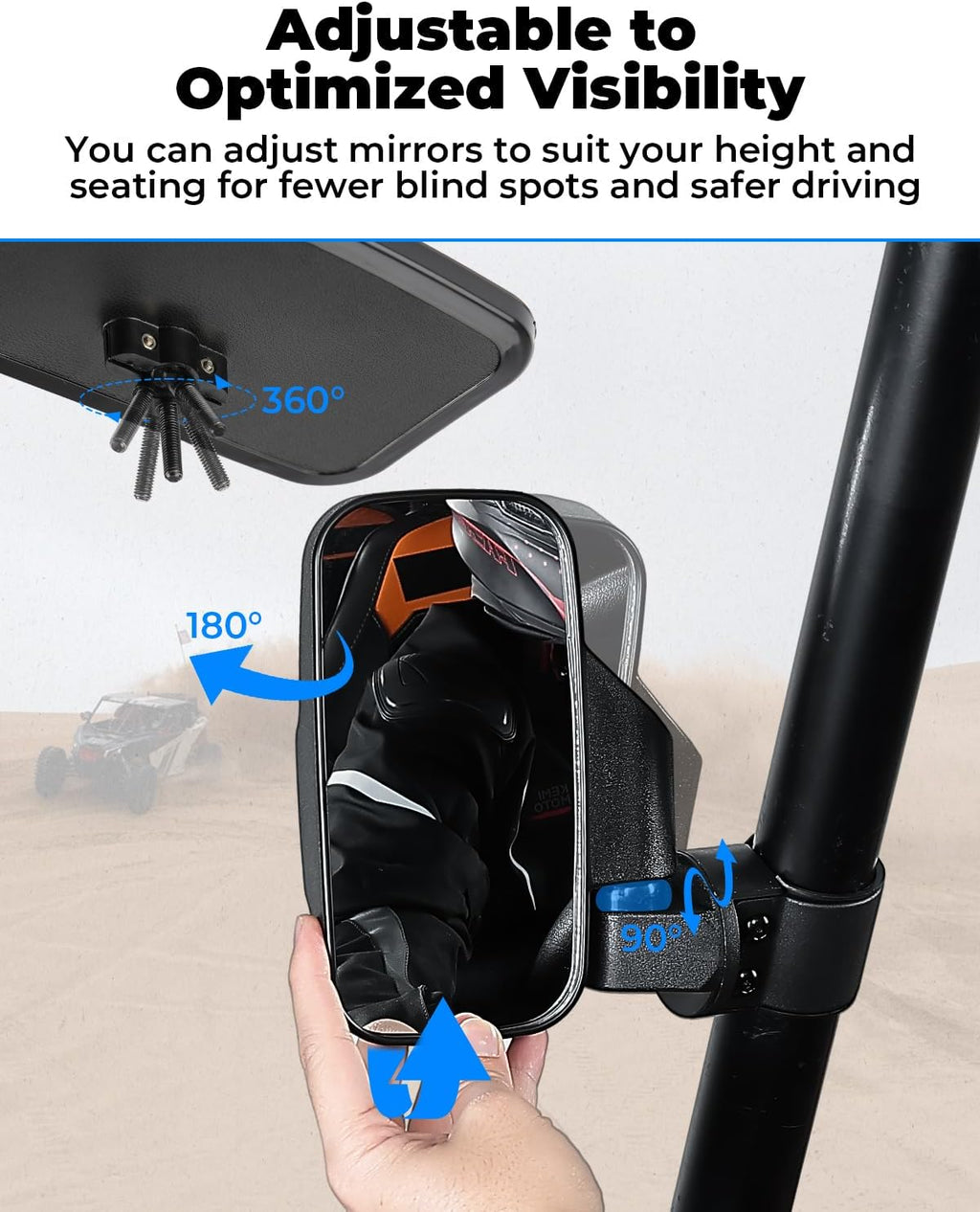 KEMIMOTO UTV Side Mirrors And Center Mirror with 1.6" to 2" Roll Bar Cage, Adjustable Rear View Side Mirrors Compatible with Polaris RZR, Zforce, Commander Maverick X3, Viking, Rhino, Teryx