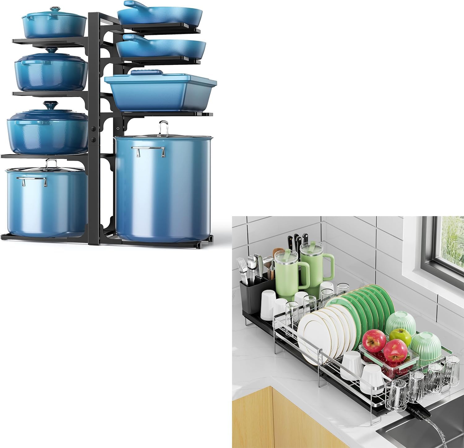 ORDORA Pots and Pans Organizer: under Cabinet, 20.8" Height & Expandable Large Dish Drying Rack, Stainless Steel Anti-Rust Dish Rack for Kitchen Counter
