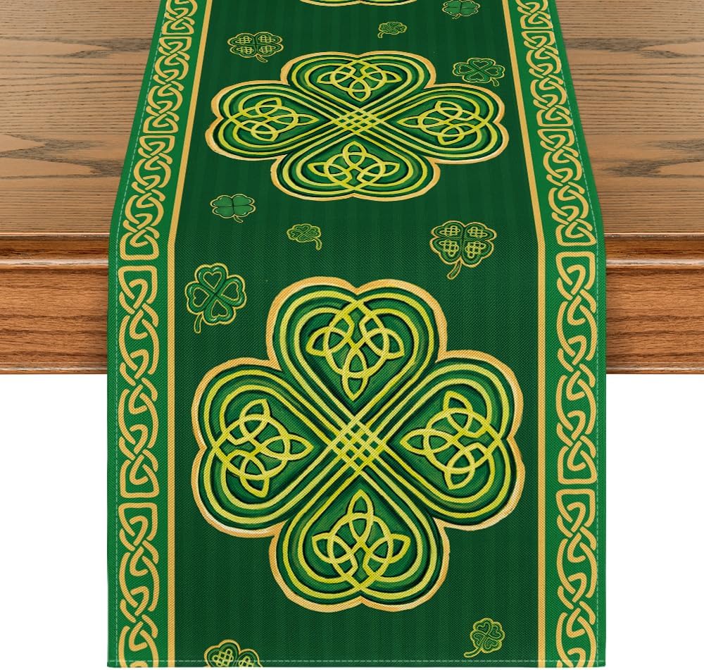 Artoid Mode Green Stripes Shamrocks 210 GSM St.Patrick's Day Table Runner, Seasonal Spring Kitchen Dining Table Runner for Home Party Decor 13x72 Inch
