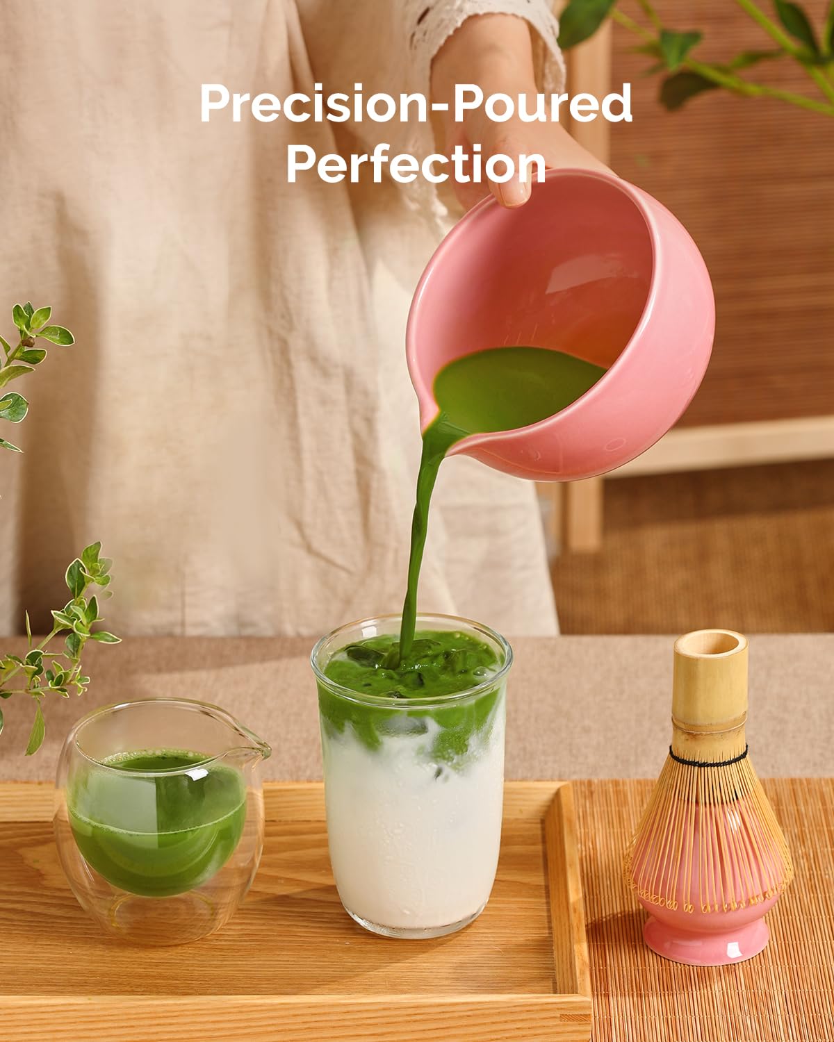 Maestri House Pink Matcha Whisk Set, 7-Pc Complete Matcha Kit with Spouted Ceramic Bowl, Bamboo Whisk and Holder, Scoop, Spoon Rest & Sifter, Tea Cloth – Ideal Gift for Matcha Lovers (Pink)