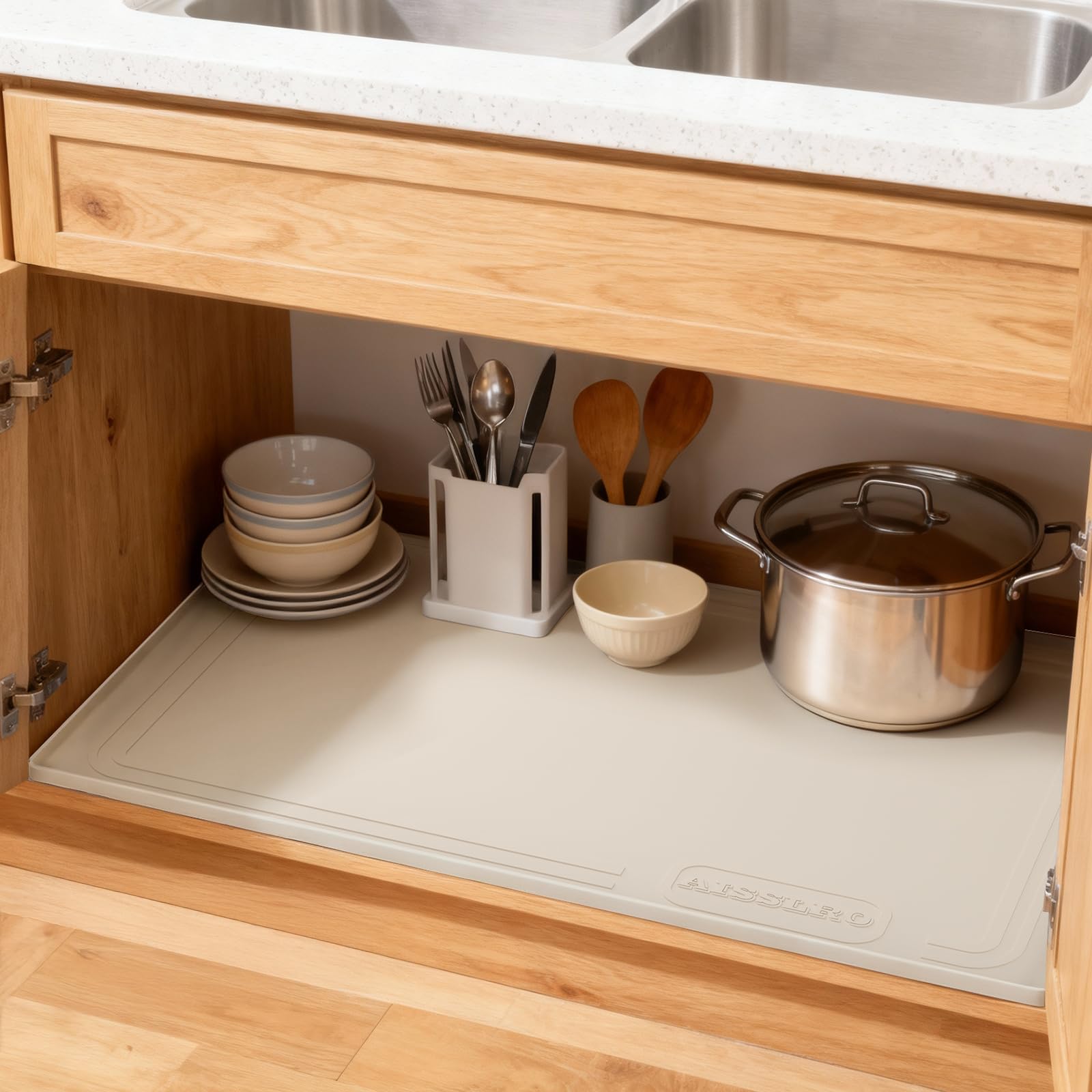 Aisslro Under Sink Mat 22" X 19", Waterproof Silicone Cabinet Protector with Raised Edge, Kitchen & Bathroom Leak Tray, Shelf Liner & Pet Feeding Mat for Dog Cat Food Mats, Light Gray