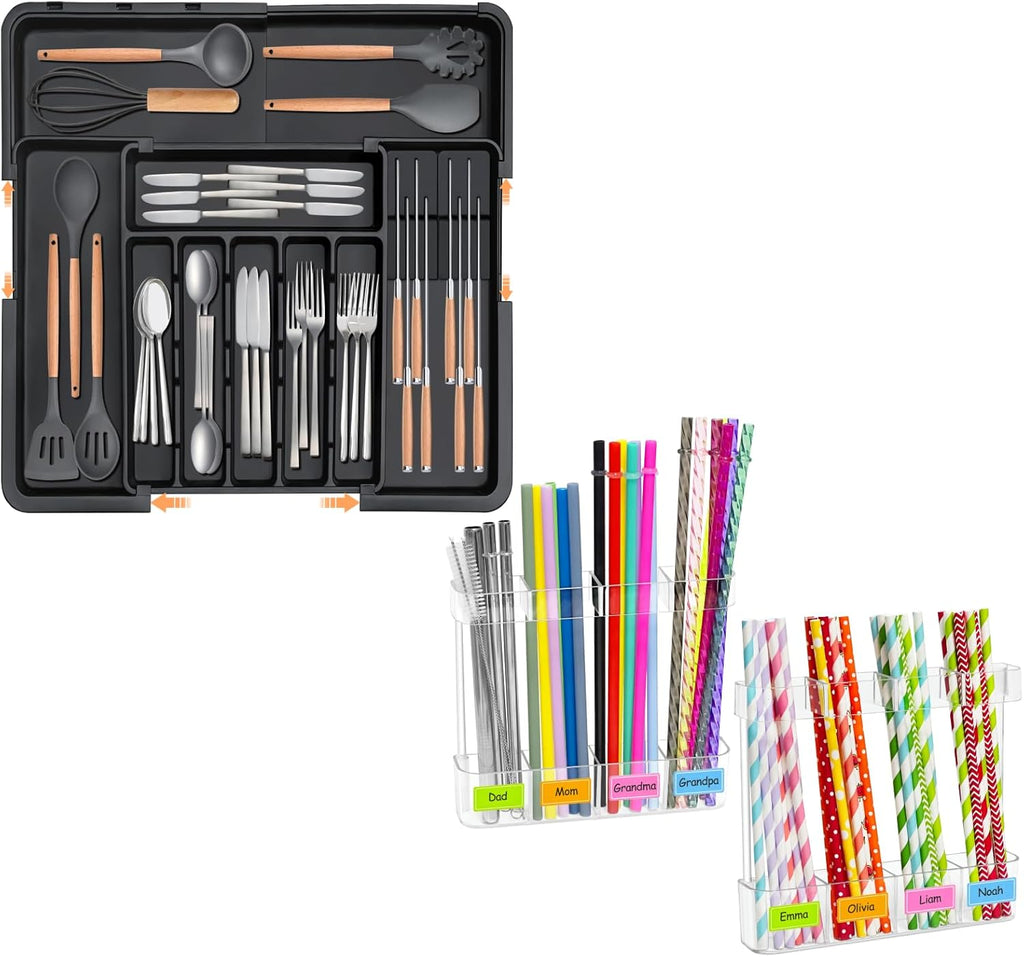 Homecor Silverware Organizer - Expandable Large Kitchen Drawer Organizer Utensil Organizer with 2 Removable Knife Blocks & 2 PACK Acrylic Straw Holder for Cabinet Door