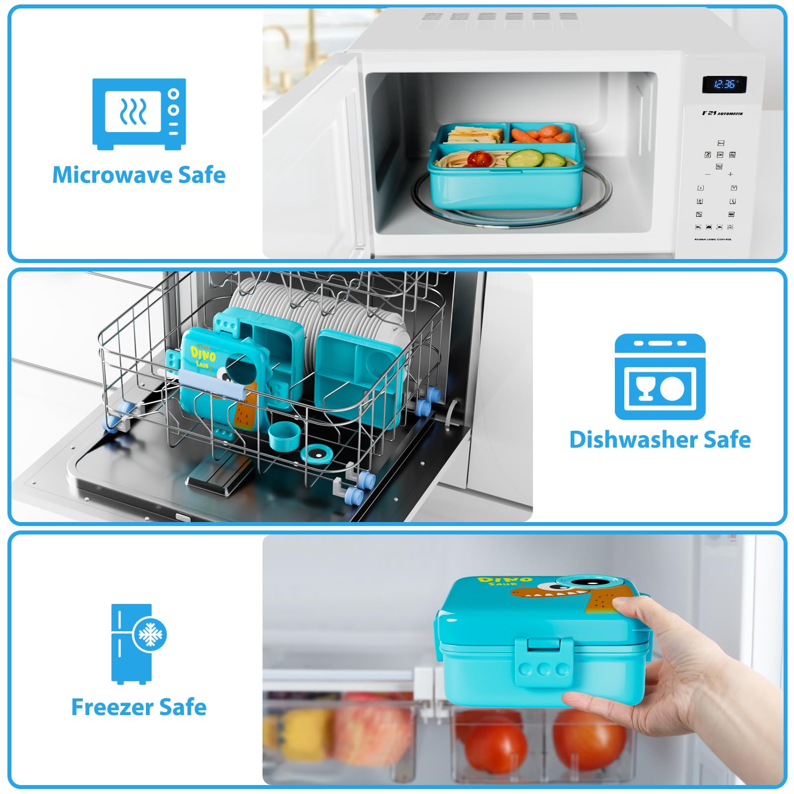 Freshmage Plastic Double-Layer Bento Box Container with 3 Compartments, Large Capacity Leakproof and BPA Free Bento Lunch Box, Durable,Drop-Proof, Dishwasher and Microwave Safe, Blue