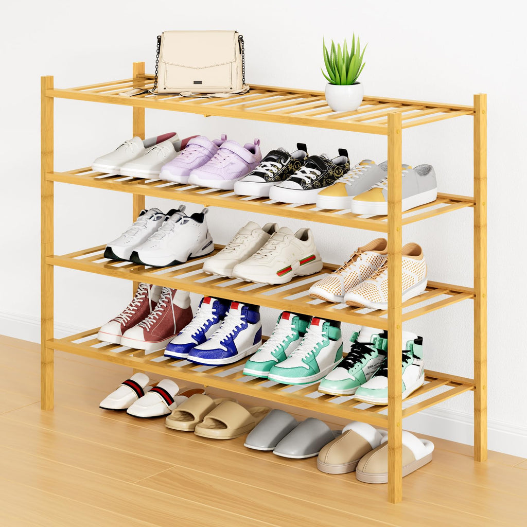 Smiry Shoe Rack, 3 Tier Bamboo Shoe Organizer, Stackable Free Standing Wooden Shoe Storage Shelf for Closet, Entryway, Front Door Entrance, Natural