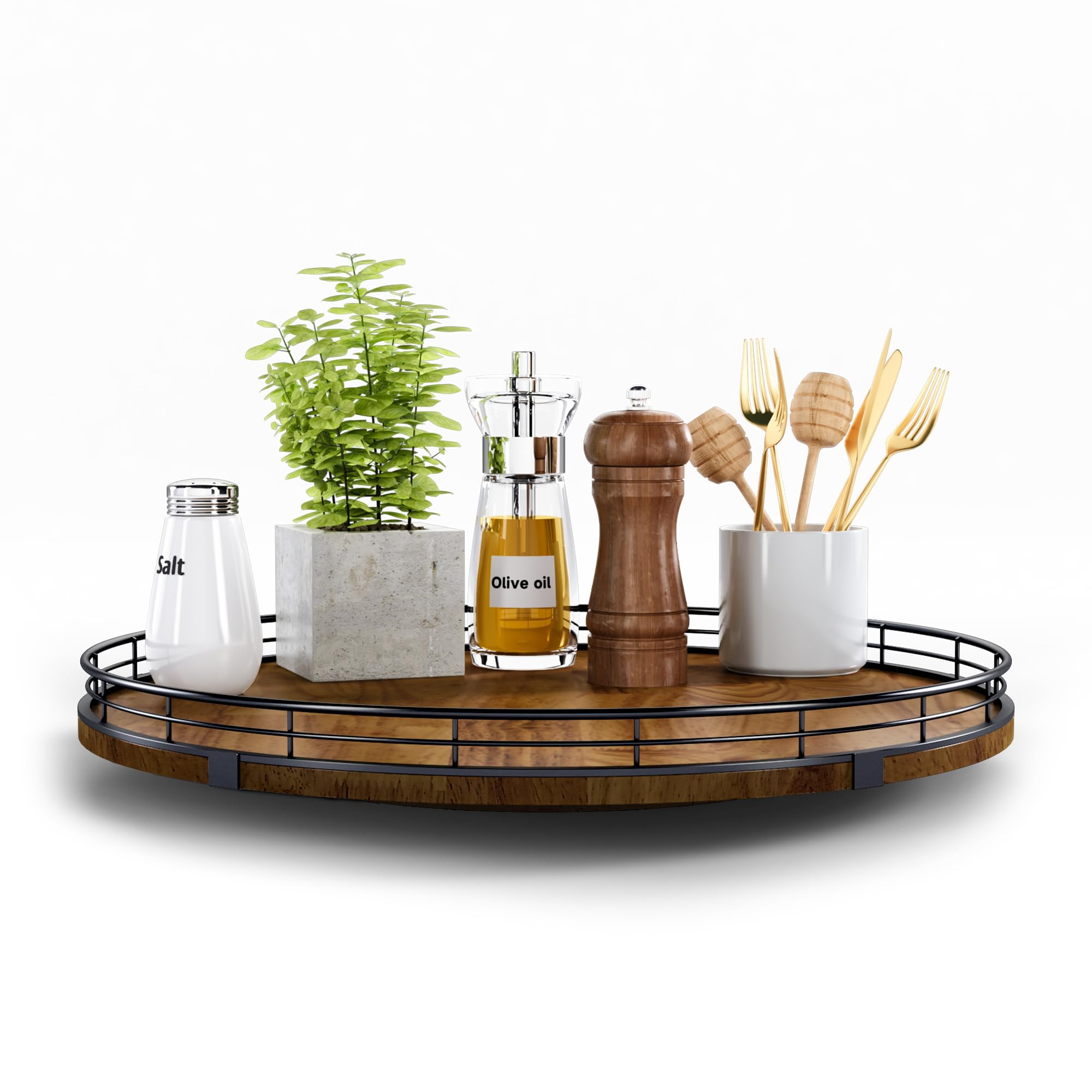 Farmhouse Oak 9" Lazy Susan Turntable Organizer for Cabinet, Round Wooden Lazy Susan Organization and Storage for Dining Table, Pantry, Kitchen, Countertop, Cupboard,Home Decor, Walnut Wood