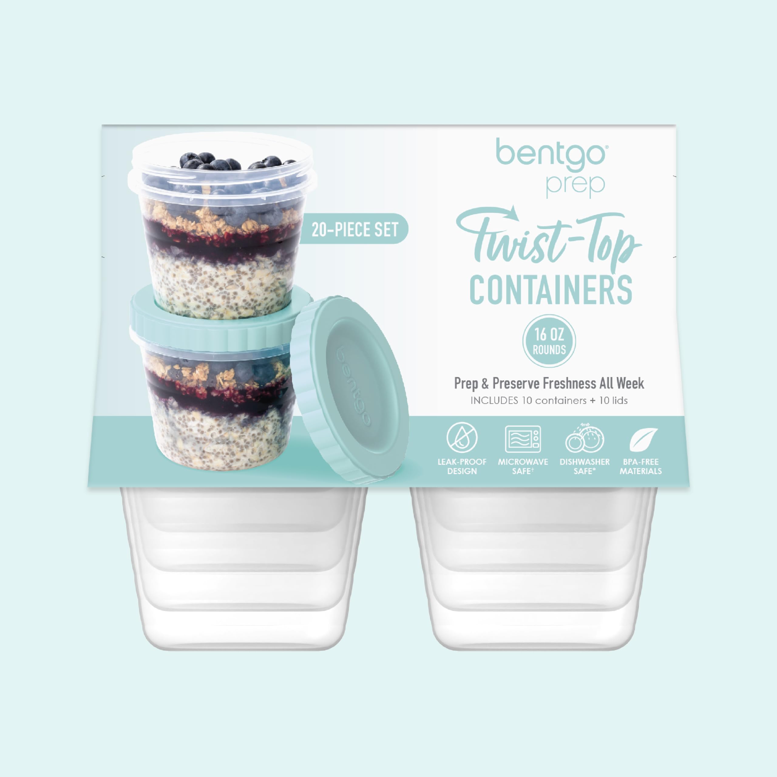 Bentgo Prep - 20 Piece 8 fl oz Leak-Proof Deli Containers with Lids, Food Storage for Meal Prep, Twist-Top, Reusable, PFAS & BPA-Free, Stackable, Microwave, Freezer, & Dishwasher Safe (Honeydew)