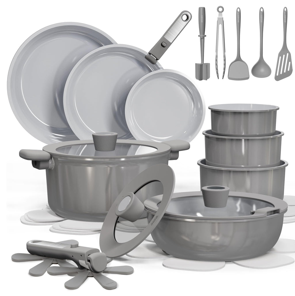 CAROTE 27pcs Ceramic Cookware Set Nonstick, Pots and Pans Set Non Stick, Non Toxic Cookware Detachable Handles, Dishwasher/Oven Safe, RV/Camping Cookware, Pan and Pot with Kitchen Utensils, Navy Blue