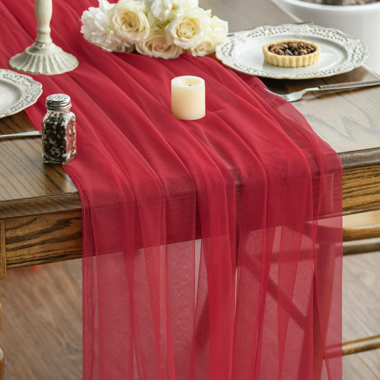 Artoid Mode Red Gauze Table Runner 120 Inch 10FT, Seasonal Sheer Kitchen Dining Holiday Wedding Birthday Baby Shower Table Decor for Home Party
