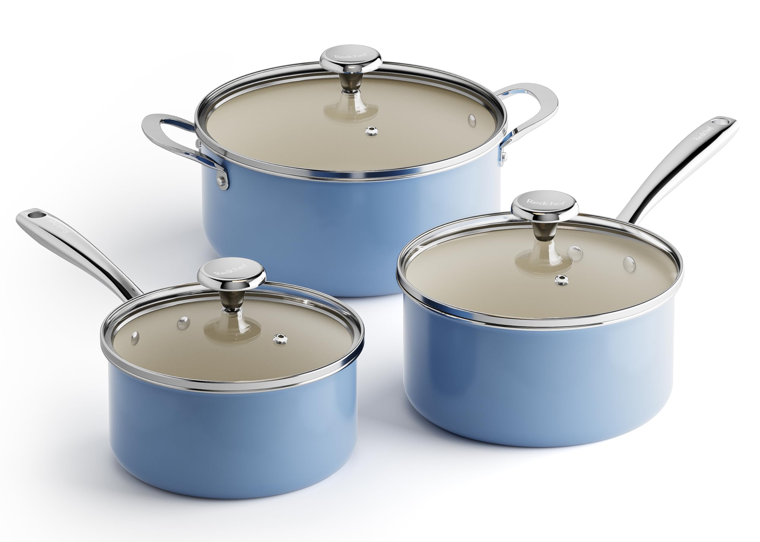 Redchef Cooking Pot Set Induction 5Qt, Saucepan Set 2.5/3.5Qt Nonstick Ceramic Cookware Set, Compatible All Cooktops, Even Heat, Stay-Cool Handles, Oven/Dishwasher Safe, PTFE PFAS Free (Beige)