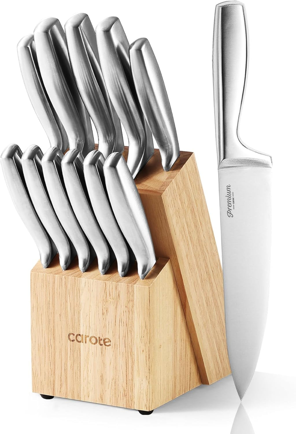 CAROTE 12-Piece Knife Set, All-Stainless Steel Knife Block Set, Kitchen Knives with Wooden Block, Razor-Sharp and Ergonomic, Dishwasher Safe