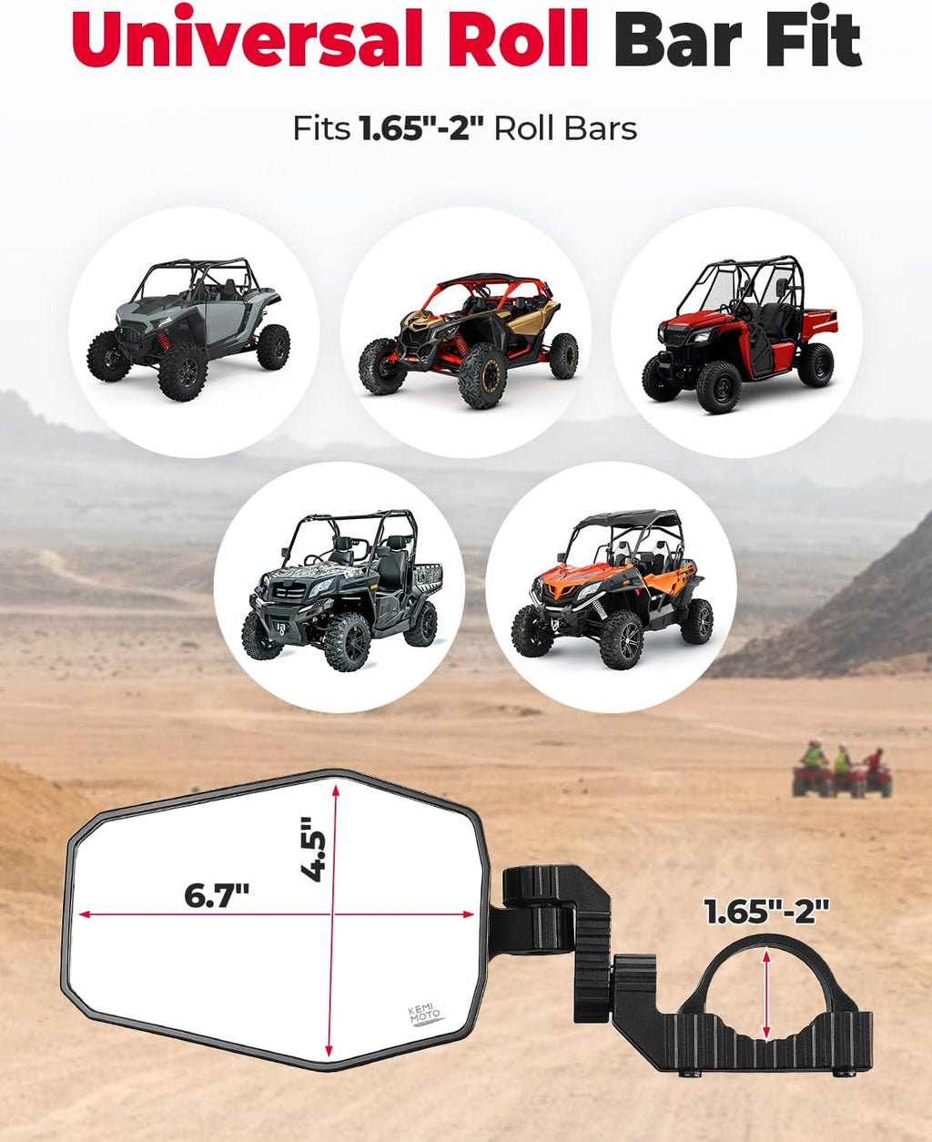 KEMIMOTO UTV Side Mirrors, UTV Mirrors for 1.65-2 inch Roll bar Compatible with Polaris RZR, Can-Am Maverick X3, Pioneer, Talon, Teryx, Gator, CFMOTO, Multi-Adjustment Convex Mirrors