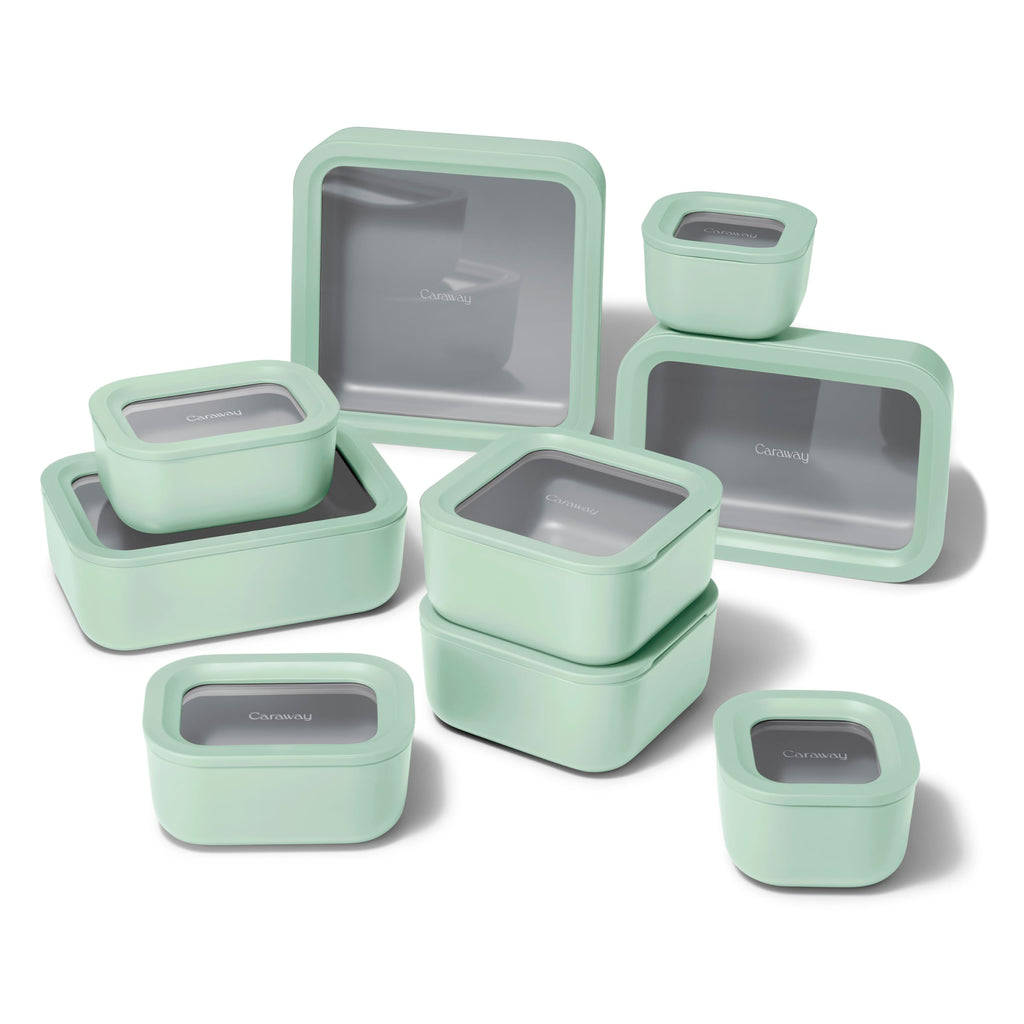 Caraway 13pc Glass Food Storage Container Set - Easy to Store, Non Toxic Lunch Box - with Glass Lids - Includes Storage Organizer - Cream