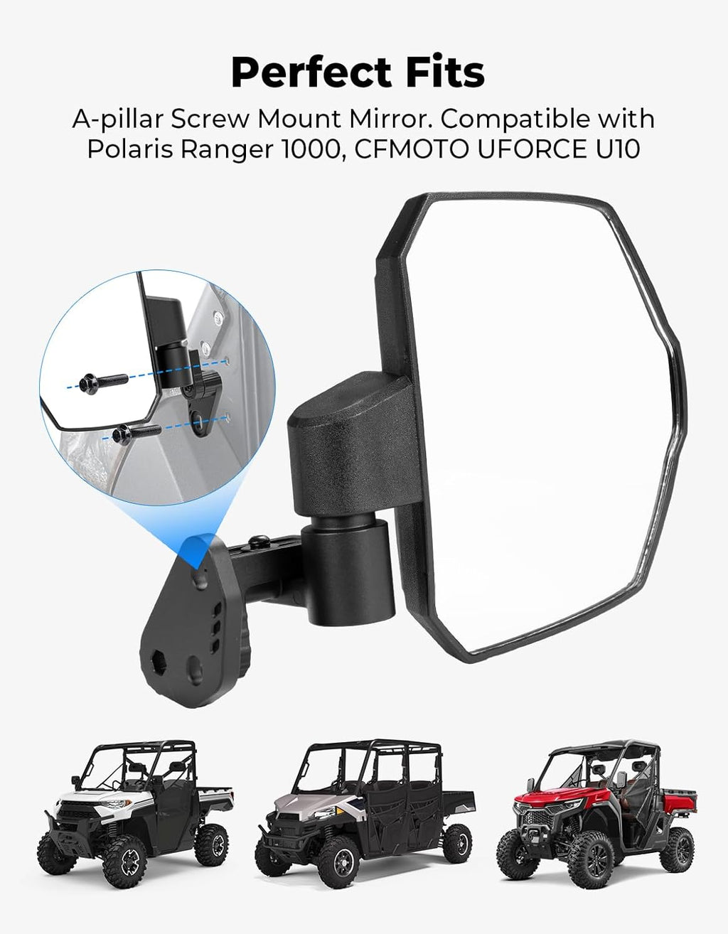 KEMIMOTO Large Side Mirrors A-pillar UTV Mirror Compatible with Polaris Ranger XP 1000/ Crew XP 1000 2018-2026, CFMOTO UFORCE U10, Extension Adjustable Side Mirrors Mounted on ROPS bar