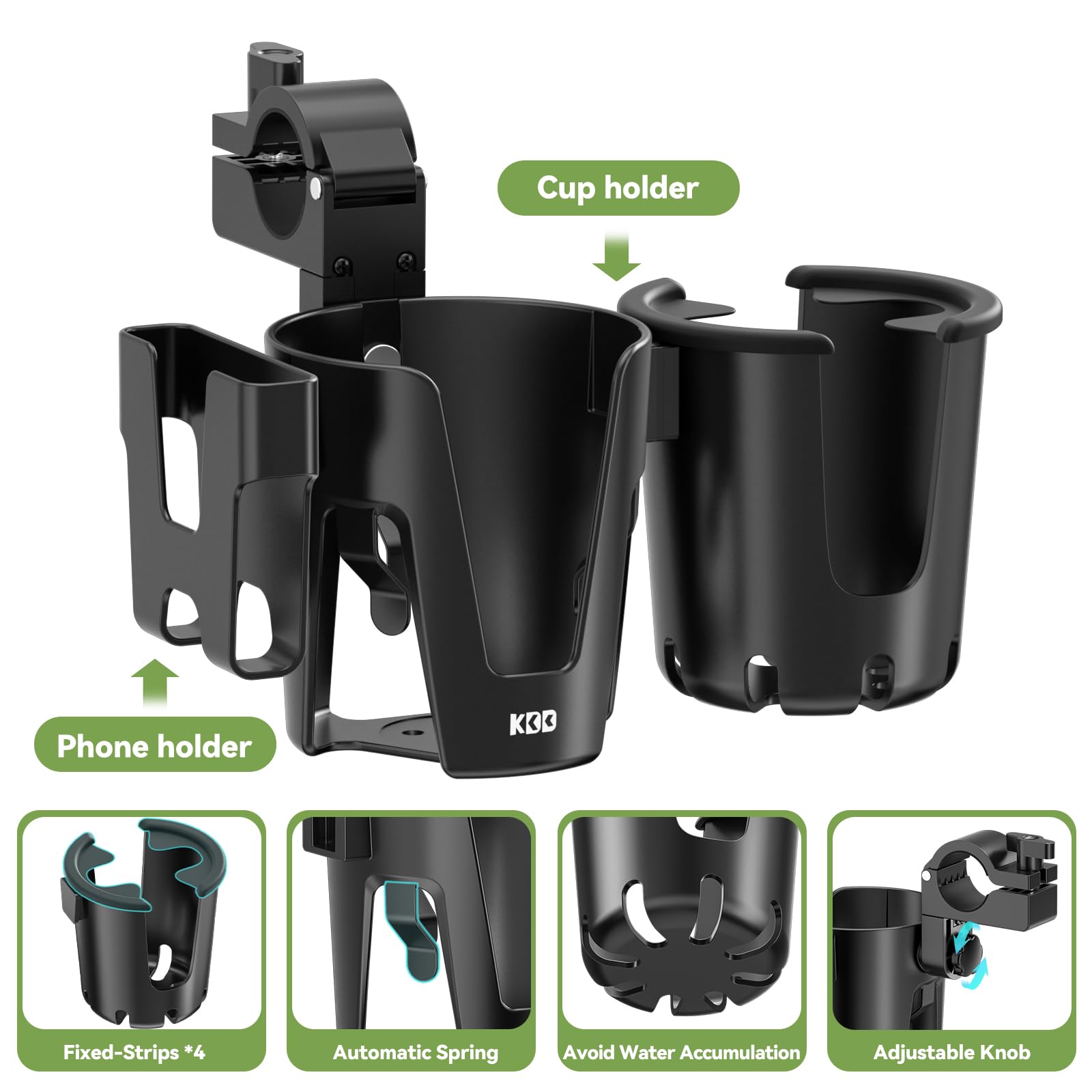KDD Stroller Cup Holder with Phone Holder, 3-in-1 Removable Bottle Holder, 360 Degrees Rotation Drink Holder for Wheelchair, Stroller, Bike, Walker, Scooter, Bicycle, Uppababy, Bugaboo, Britax