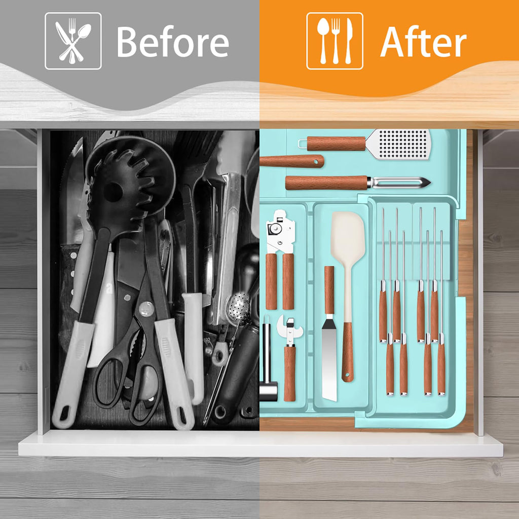 Large Utensil Drawer Organizer for Kitchen, Expandable Silverware Organizer Utensil Holder, Cutlery and Flatware Cooking Tray, Kitchen Drawer Organizers and Storage with Removable Knife Block, Black