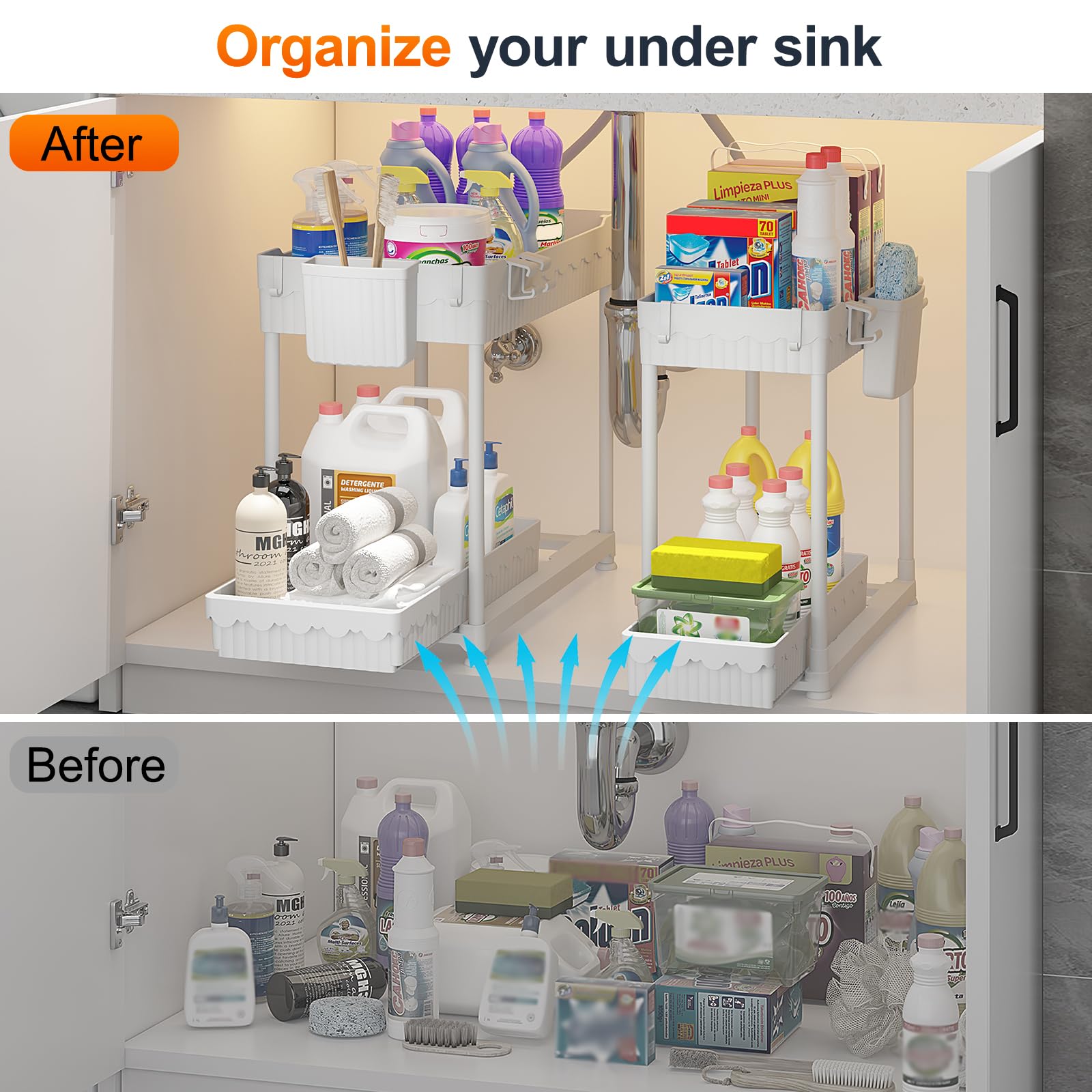 4 Pack Under Sink Organizer, Bathroom Organizers and Storage, 2 Tier Multi-Use Pull Out Cabinet Organizer with Hang Hooks and Cups (Black, 4 Pack)