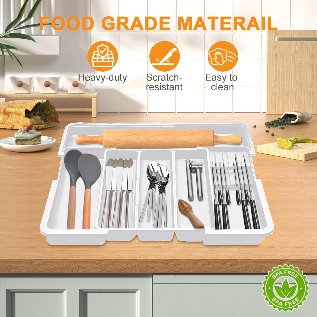 Homecor Silverware Organizer + Utensil Drawer Organizer for Kitchen White