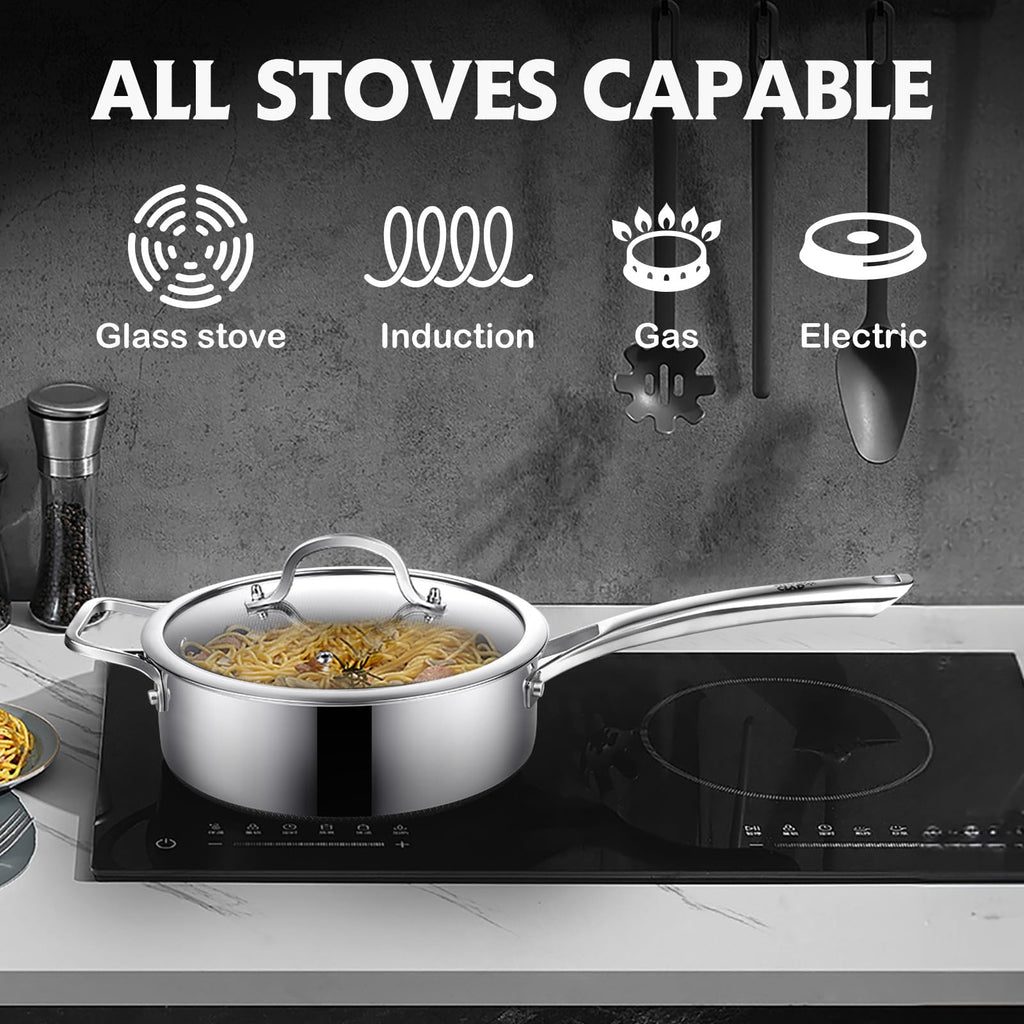SNOWCLAD Frying Pans Nonstick with Lid,Hybrid Non Stick 5 Quart Saute pan,PFOA Free Cookware,Stainless Steel skillet,12 inch Deep Saute Pan,Dishwasher&Oven Safe,Works on All Cooktops