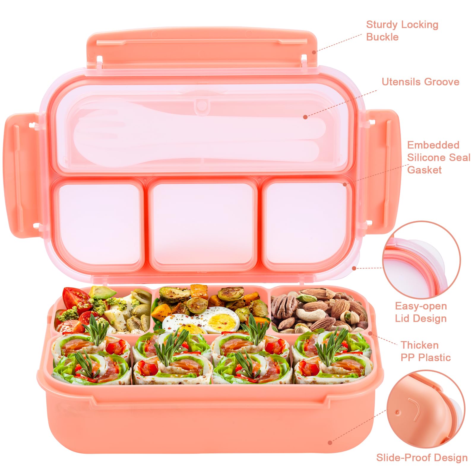 Bento Box Adult Lunch Box, Containers for Adults Men Women with 4 Compartments, Lunchable Food Container with Utensils, Sauce Jar, Muffin Liners, 40 Oz/5 Cup, Microwave & Dishwasher Safe, Brown