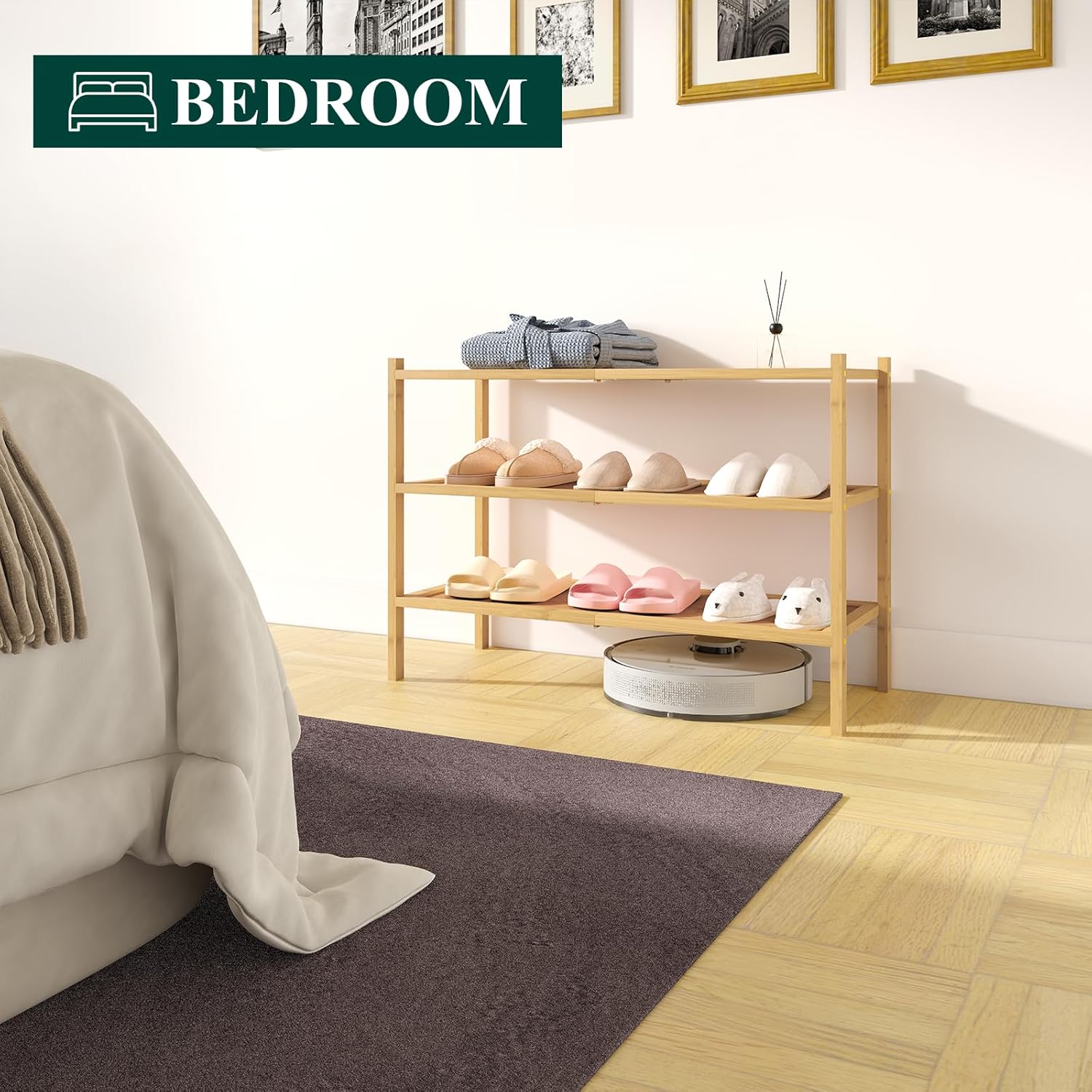 Smiry Bamboo Shoe Rack, 3 Tier Shoe Organizer for Entryway & Closet, Stackable Free Standing Storage Shelf for Shoes, Bags & Plants, Natural