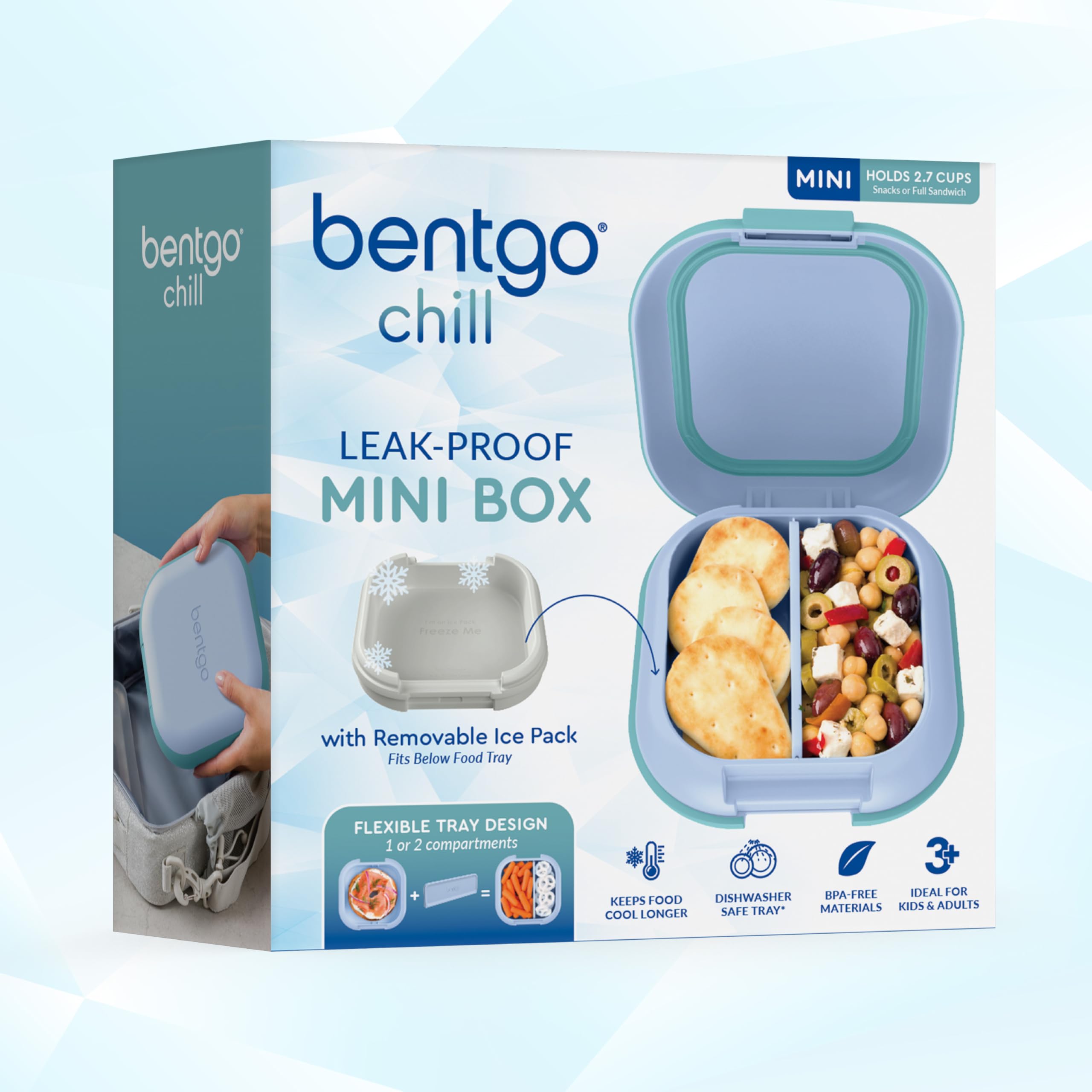 Bentgo Chill Mini Leak-Proof Lunch Box – Built-In Ice Pack Keeps Food Cold, 2.7-Cup Capacity for Snacks or a Sandwich, 3 or 4 Compartments, PFAS & BPA-Free, Ideal for Adults & Kids 3+ (Lilac Mist)