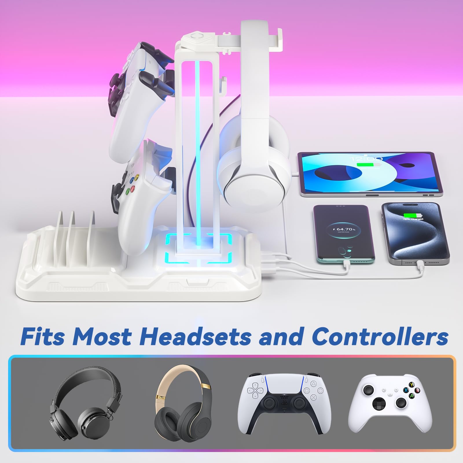 KDD Headset Stand with Charging Station - Detachable Controller Holder with 9 Light Modes - Rotatable Headphone Hanger with USB A&C Charger Ports - Earphone Hook for PC Gaming Accessories Storage