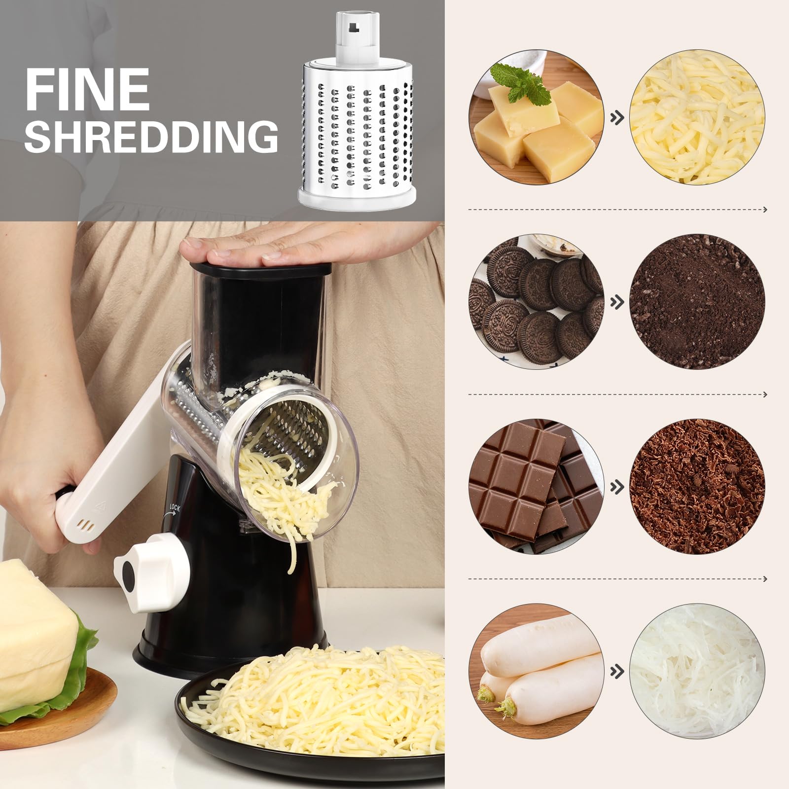 Cambom 5 in 1 Rotary Cheese Grater Hand Crank Cheese Shredder for Fresh Cheese, Vegetable, Nuts,Non-slip Suction Base, Black