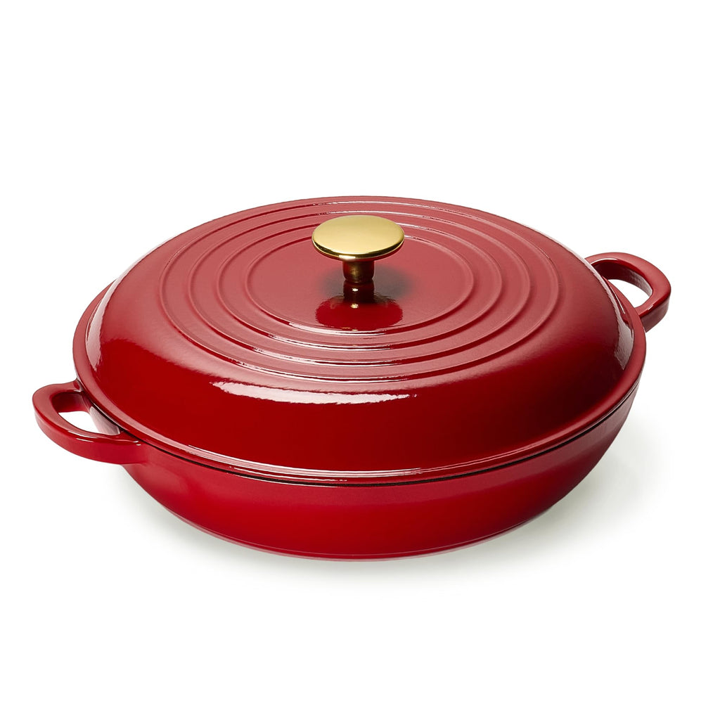 CAROTE 3.4QT Enameled Cast Iron Braiser Pan, Shallow Dutch Oven Casserole Skillets, Non-Toxic Cast Iron Pot with Lid for Grilling, Searing, Baking, Dual Handles, All Stovetop Compatible, White