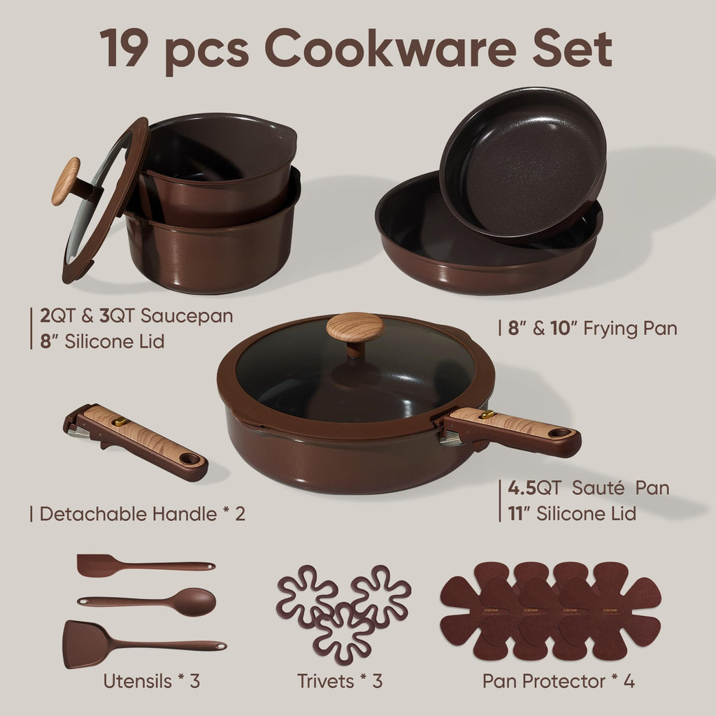 CAROTE 19PCS Ceramic Nonstick Cookware Set, Pots and Pans Set with Detachable Handle, PFAS-Free Non-Toxic, Induction & Oven Safe, Stackable Space-Saving, Dark Choco
