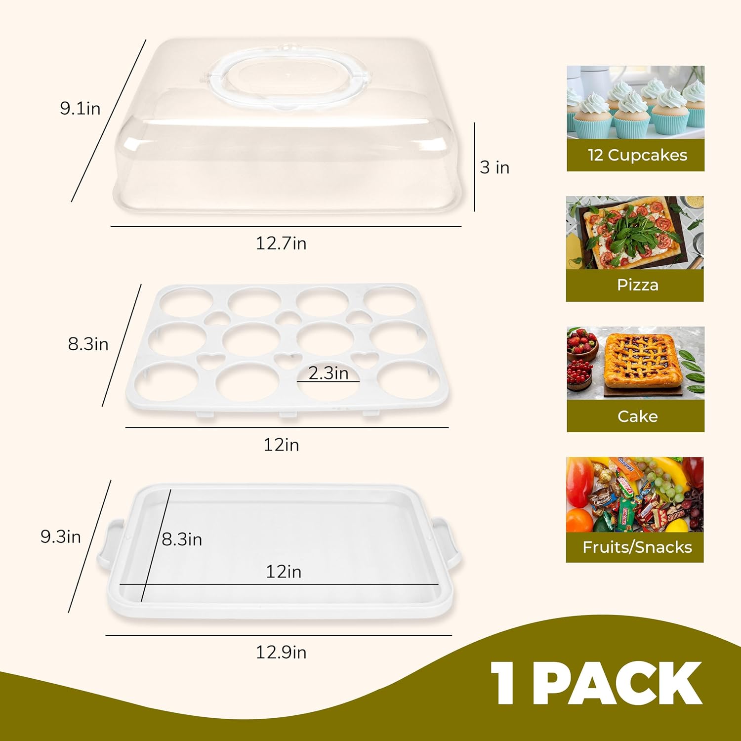 Cupcake Containers with Lid Rectangular Cake Carrier 3-in-1 Multipurpose Cupcake Holder for Muffins Pies Sweets Pastries Fruit or Snacks (White, 13" x 9" x 4")