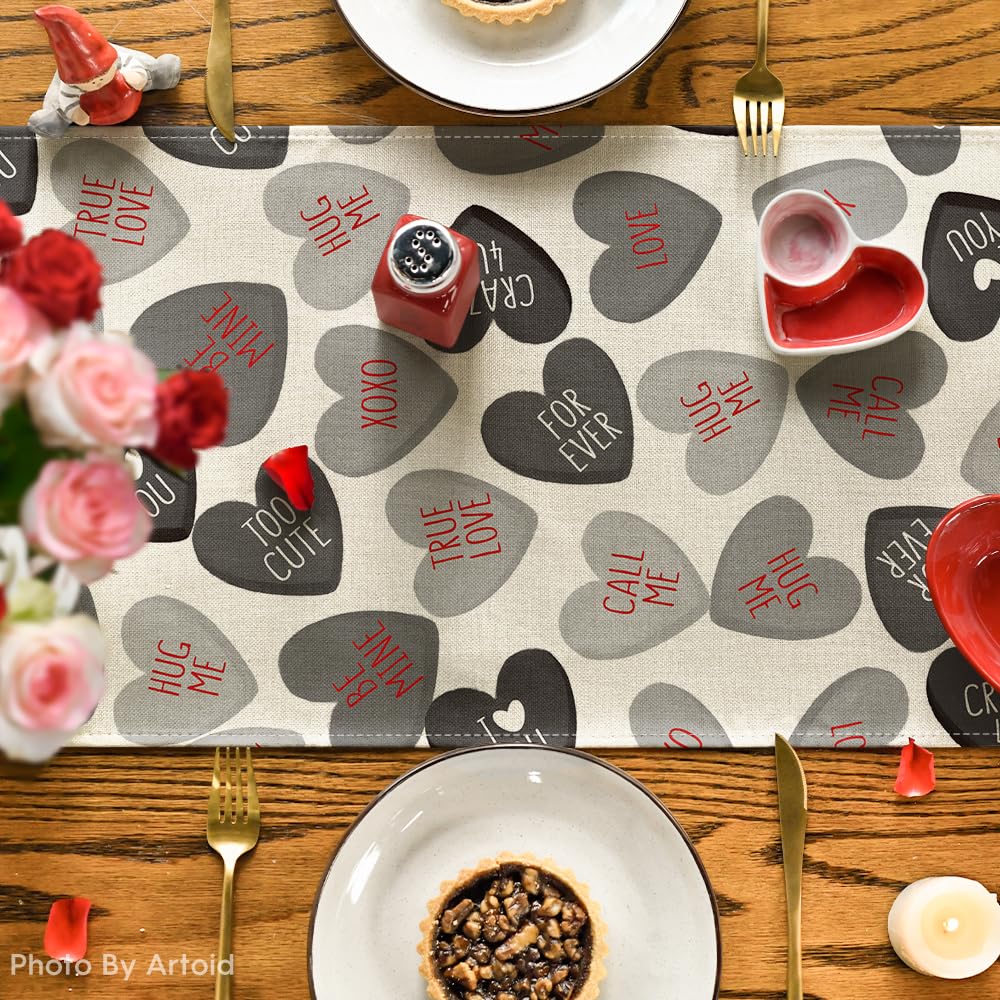 Artoid Mode Ture Love Heart Valentine's Day Table Runner, Seasonal Kitchen Dining Table Decoration for Home Party Decor 13x72 Inch