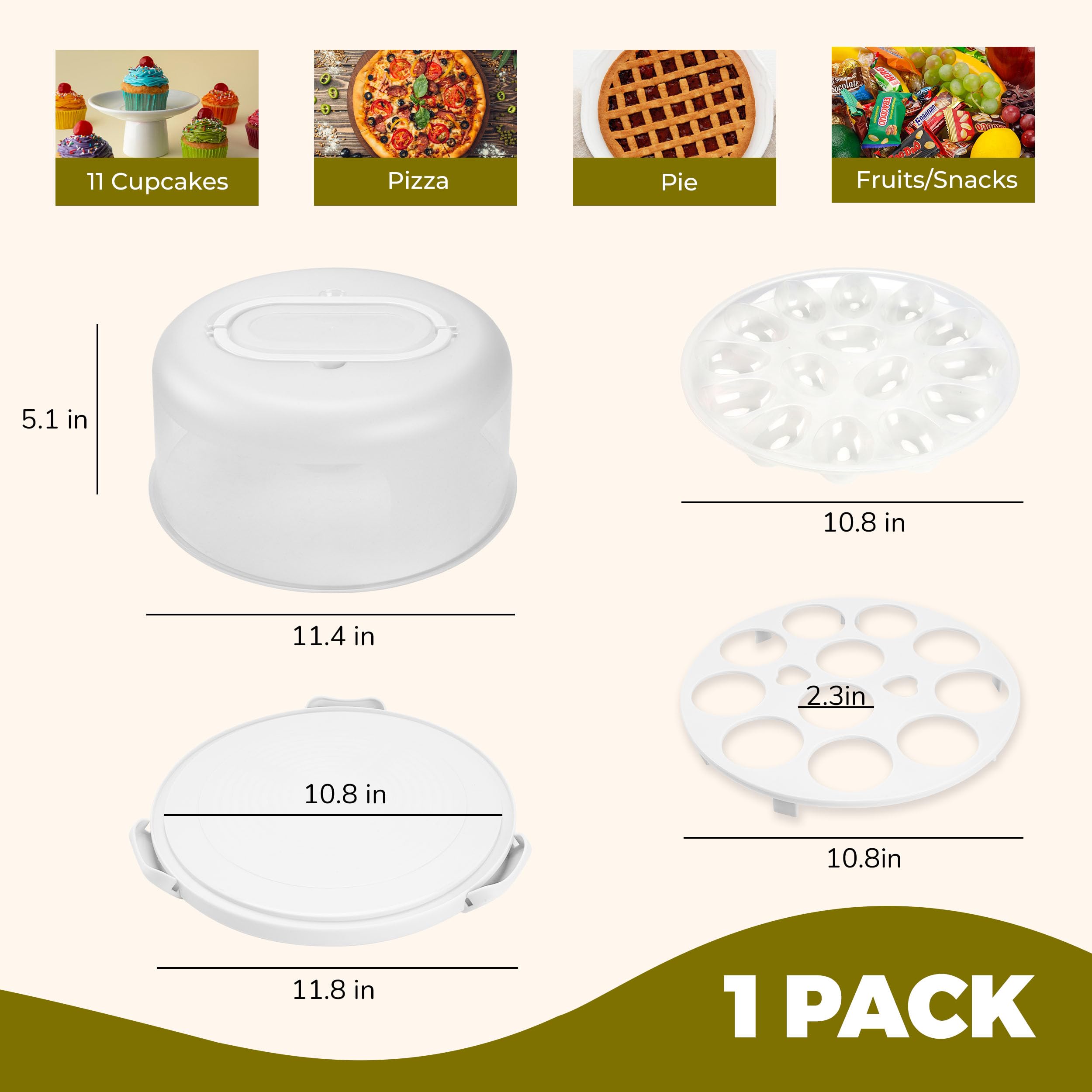 Green Cake Containers with Lids Round Plastic Cupcake Holders 4-in-1 Multipurpose Cake Carrier Holder for 11 Inch Cake Pies Cupcake Eggs Fruit or Snack Transport