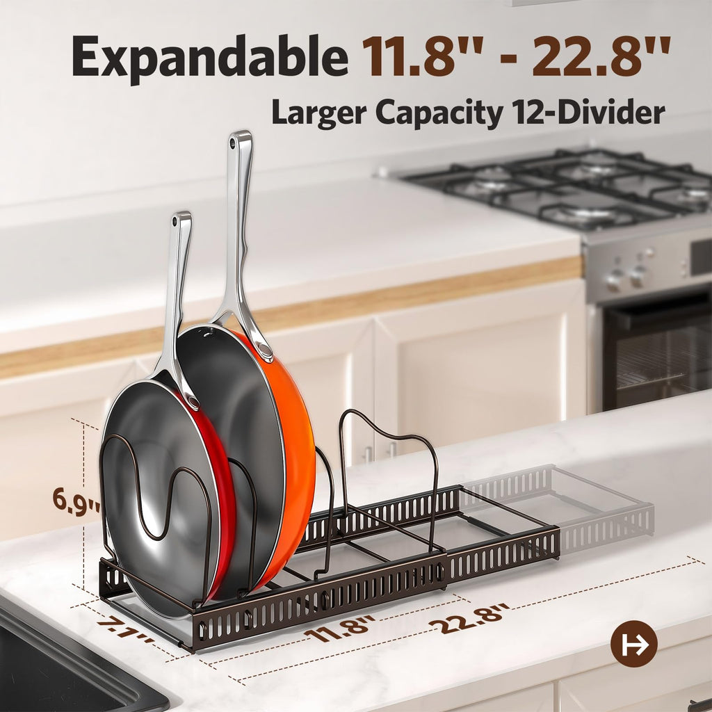 ORDORA Pots and Pans Organizer under Cabinet, Expandable 11.8"-22.8" Pot Lid Holder with 12 Adjustable Dividers, Pan Organizers inside Cabinet for Kitchen Cookware Bakeware, Black