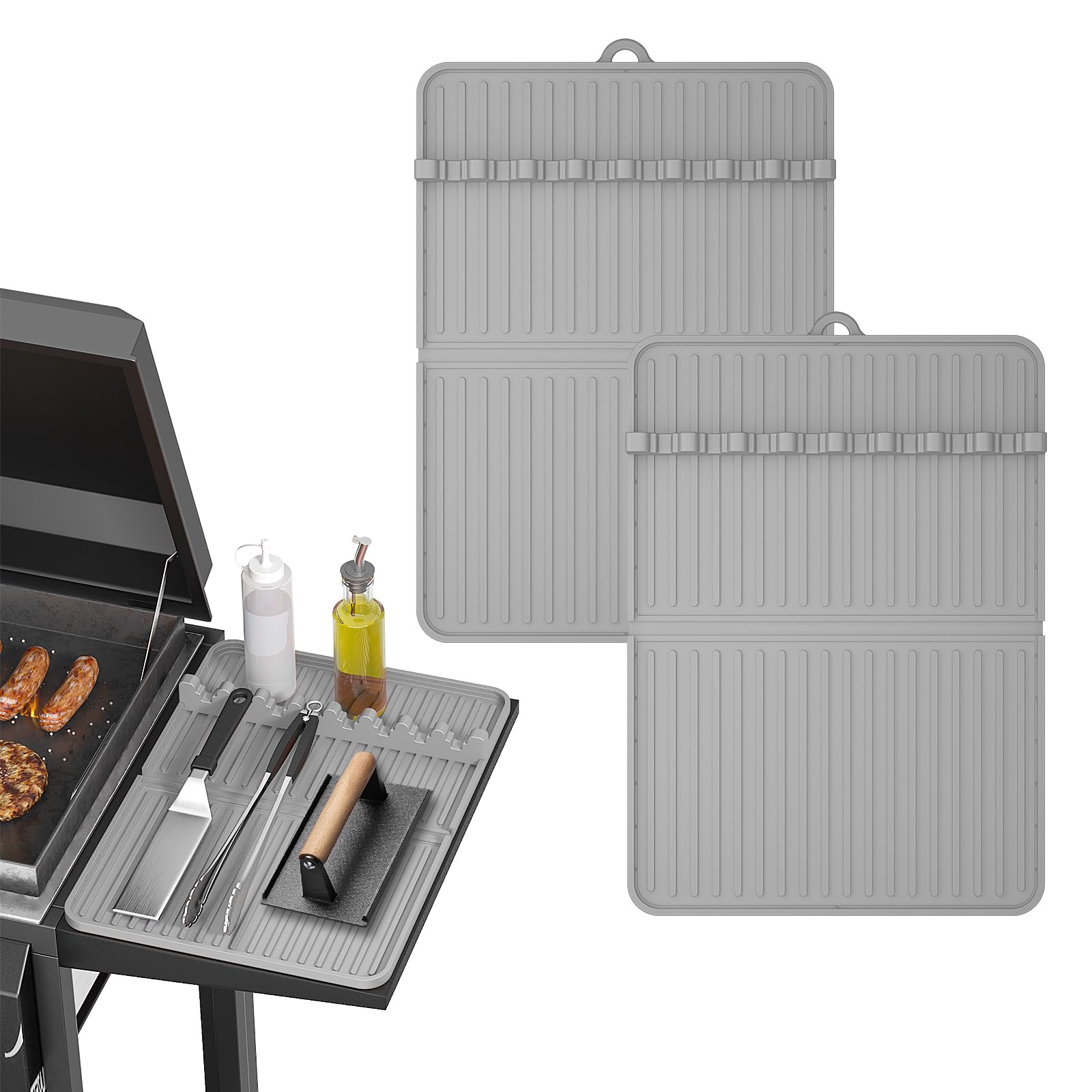 Silicone Grill Mat Compatible with Blackstone, Silicone Griddle Tool Mat with Adjustable Slots, Side Shelf Mat with Drip Pad for Griddle Accessories (Grey)
