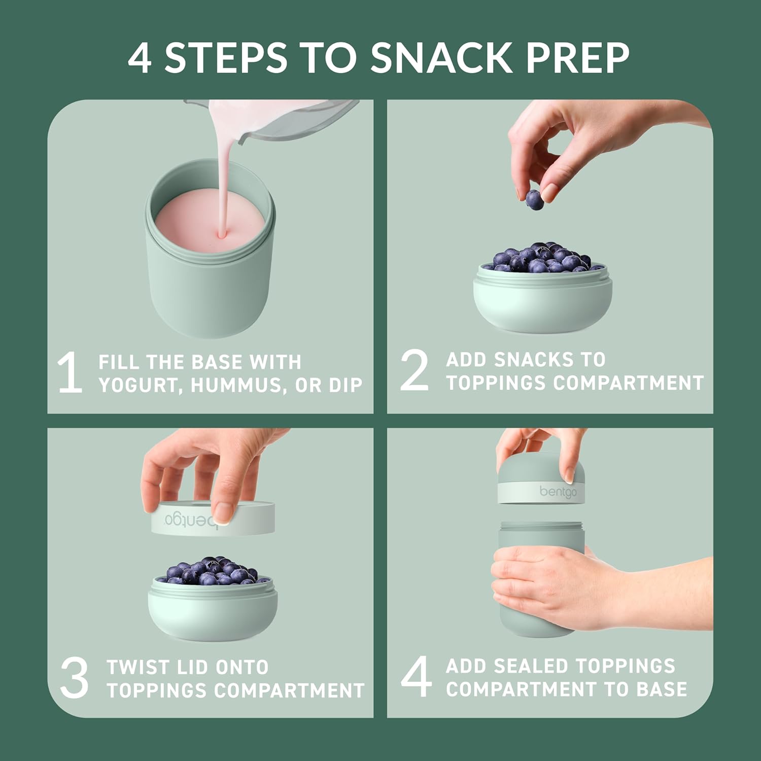 Bentgo Snack Cup - Reusable Snack Container with Leak-Proof Design, Toppings Compartment, and Dual-Sealing Lid, Portable & Lightweight for Work, Travel, Gym - Dishwasher Safe (Mint Green)