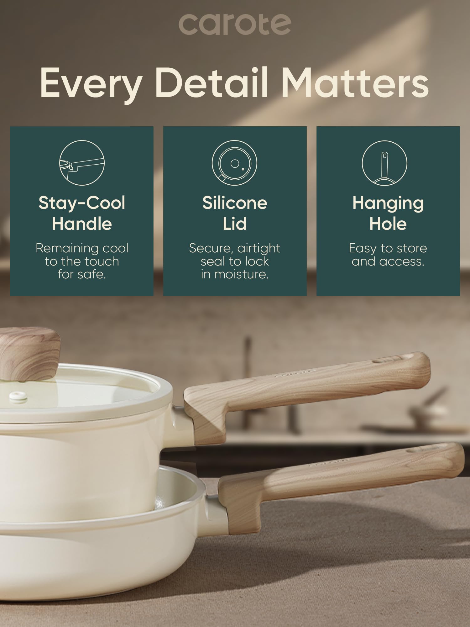 CAROTE 12Pcs Ceramic Pots and Pans Set Non Stick, Healthy Cookware Set, PFAS/PFOA Free, Kitchen Cooking Set with Frying Pans, Taupe